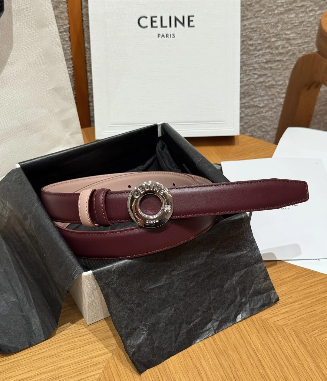셀린느 DISC 골드 버클 리버시블 가죽 벨트 174715
