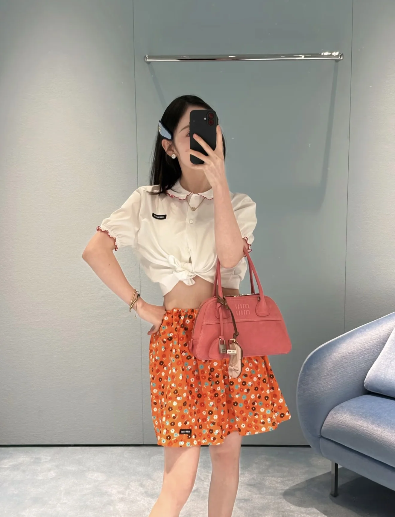 미우미우 레이스 피터팬 카라 코튼 반소매 셔츠 상세 이미지 3