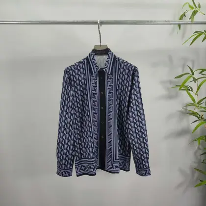 베르사체 남성 블루 그리스 키 패턴 긴팔 셔츠