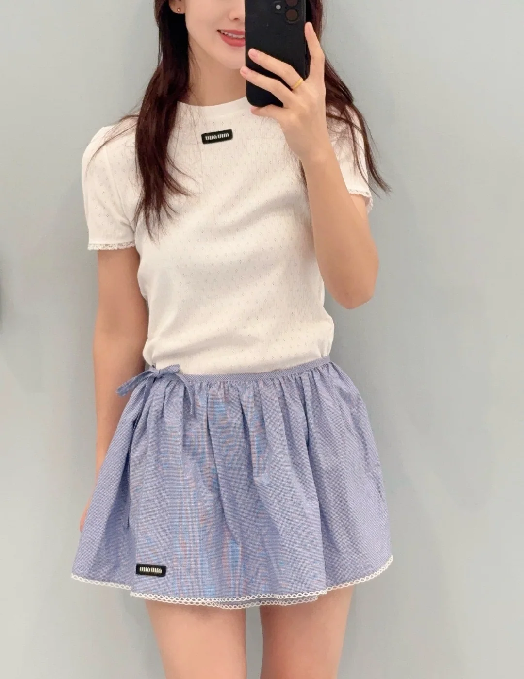 미우미우 레이스 트리밍 자수 반팔 티셔츠 상세 이미지 7