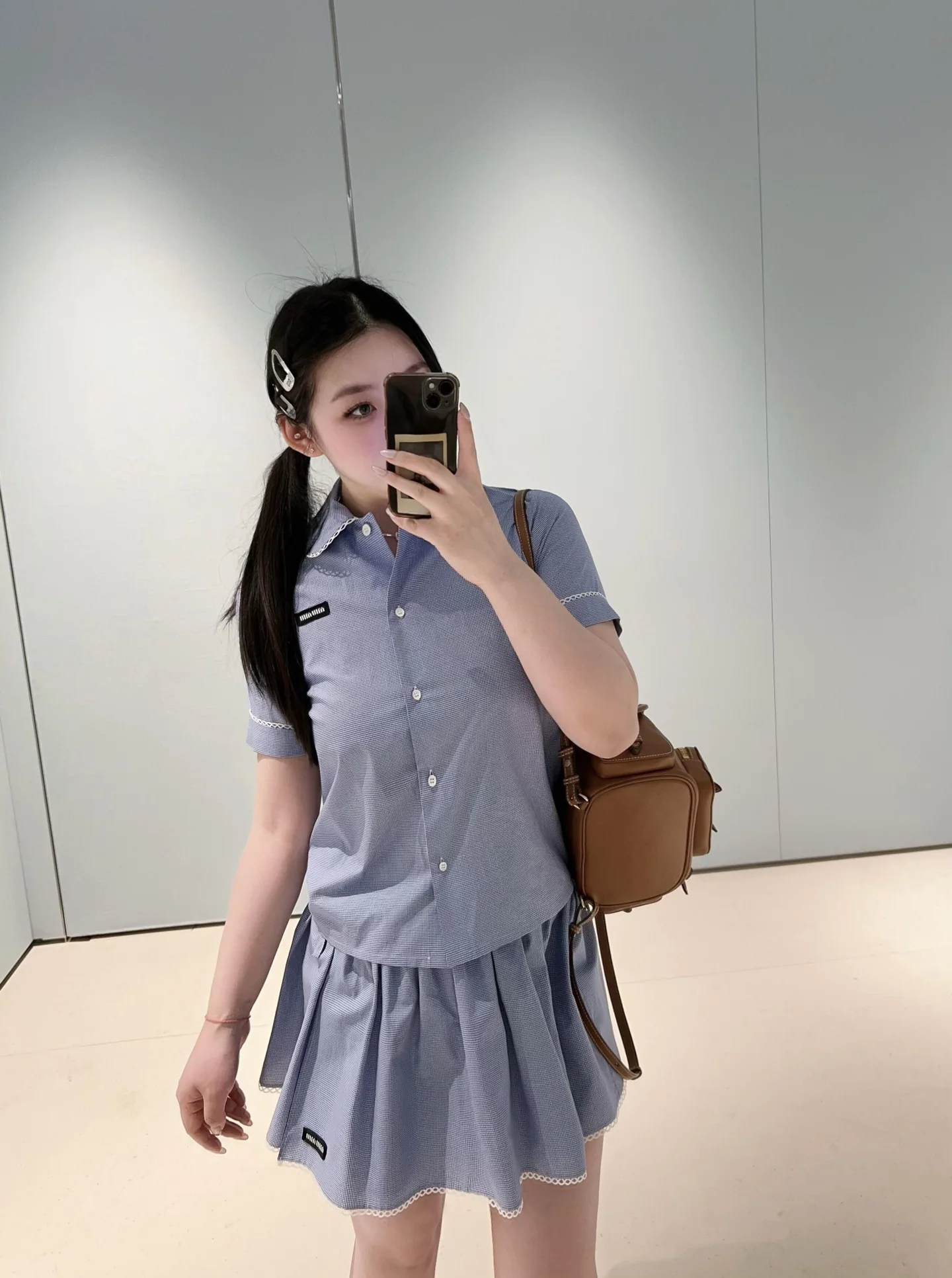미우미우 블루 체크 피터팬 카라 반팔 셔츠 스커트 세트 26 SS 상세 이미지 9