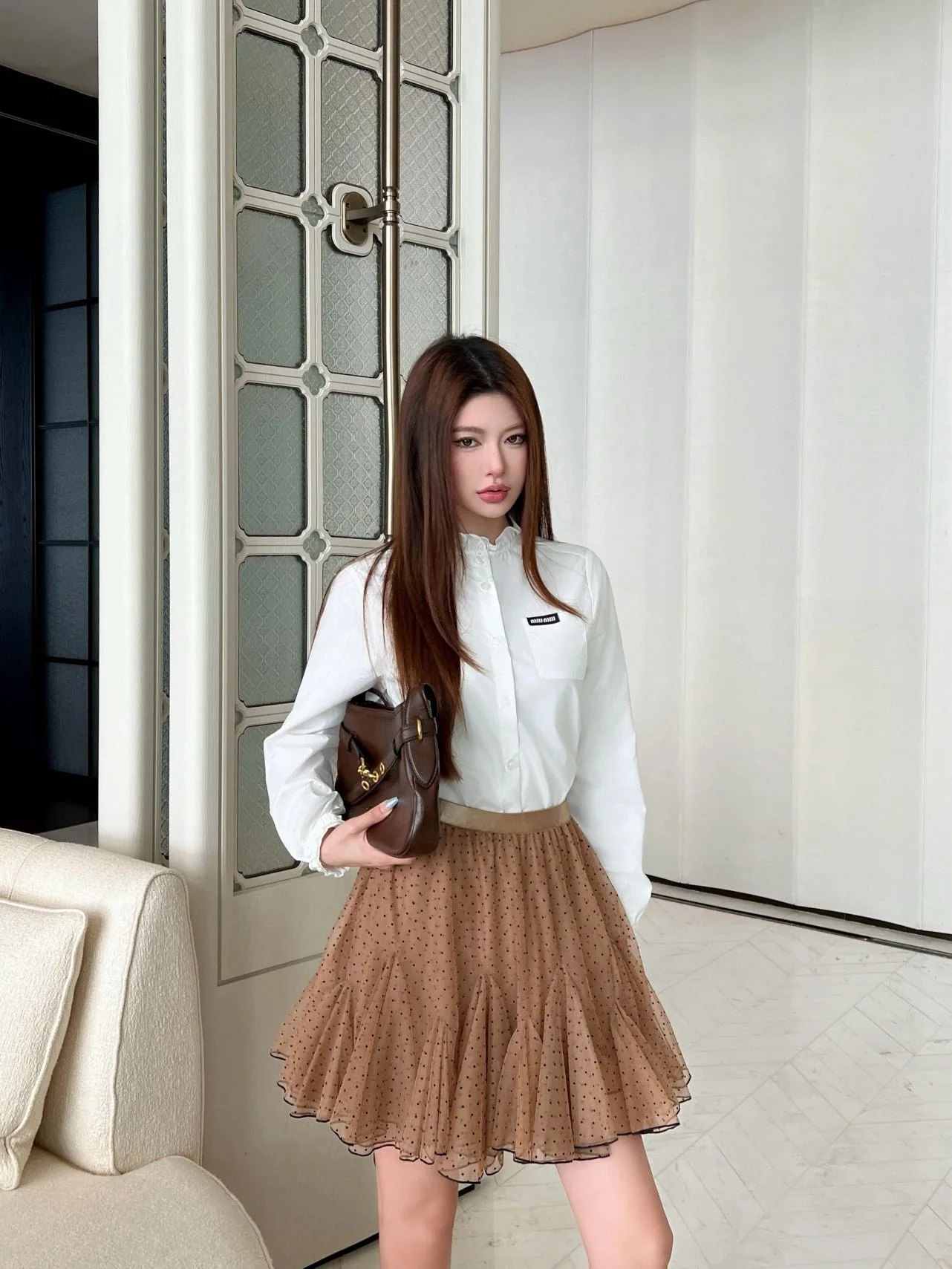미우미우 프릴 스탠드카라 여성 셔츠 상세 이미지 8