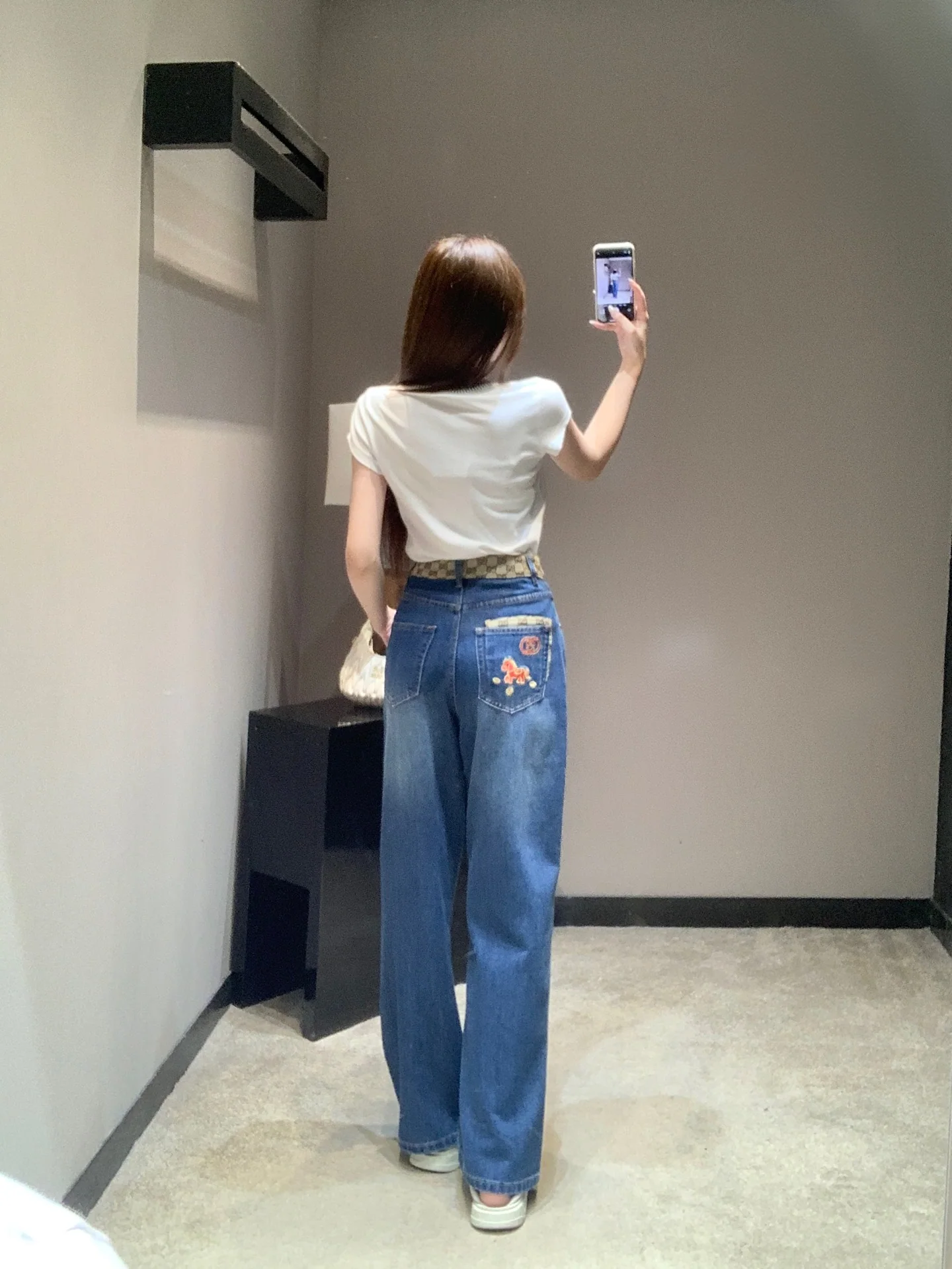 구찌 GG 모노그램 컬러블록 하이웨이스트 와이드 데님 바지 상세 이미지 7