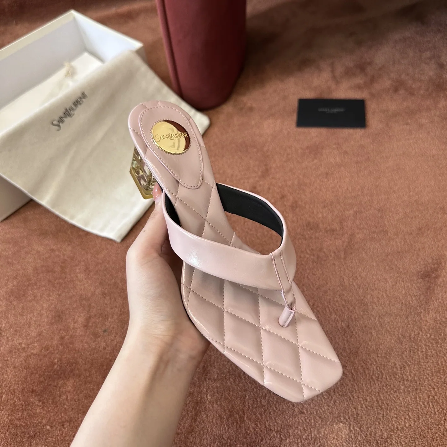 생로랑 퀼팅 쪼리 힐 샌들 핑크 상세 이미지 3
