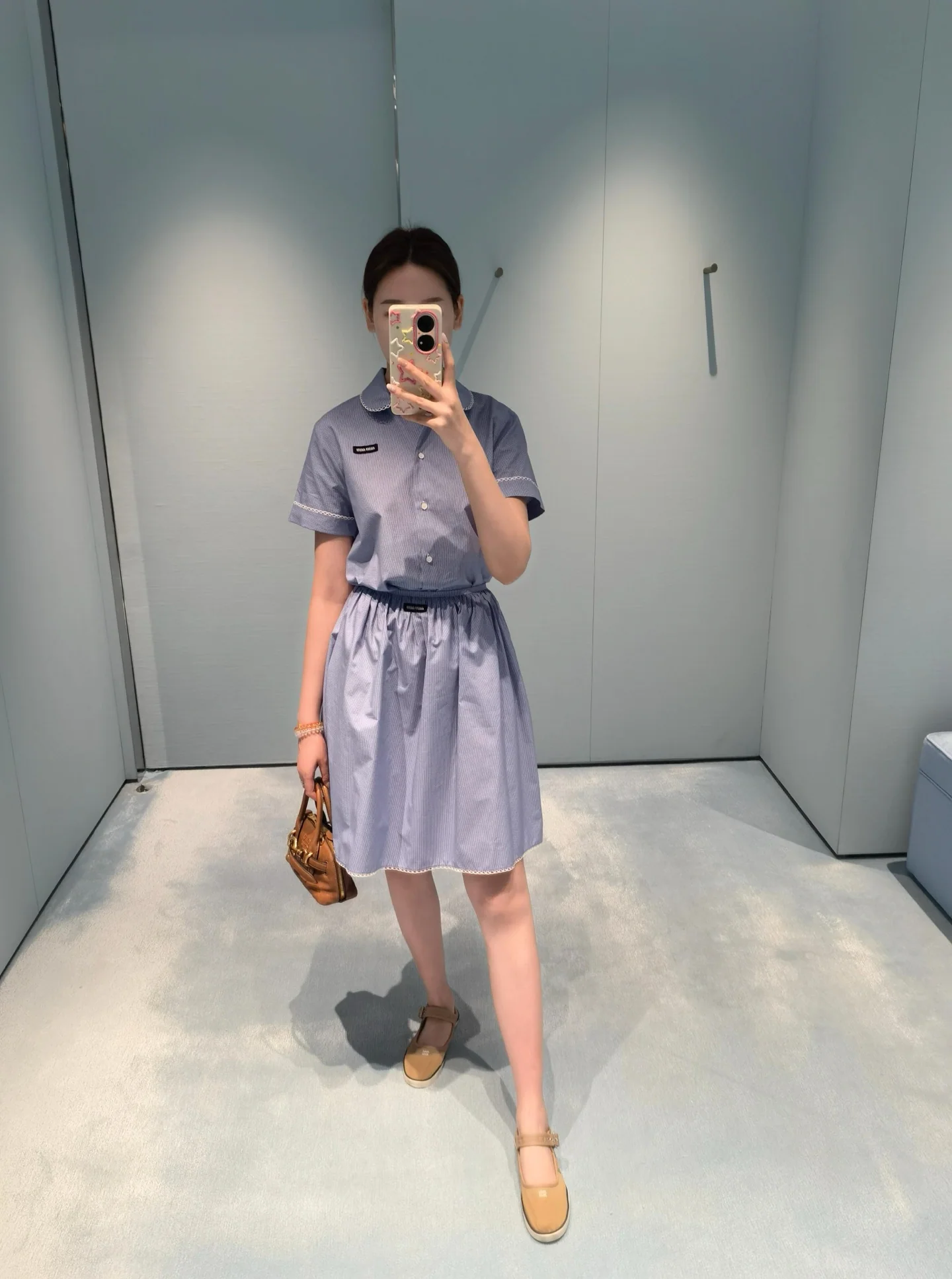 미우미우 블루 체크 피터팬 카라 반팔 셔츠 스커트 세트 26 SS 상세 이미지 1