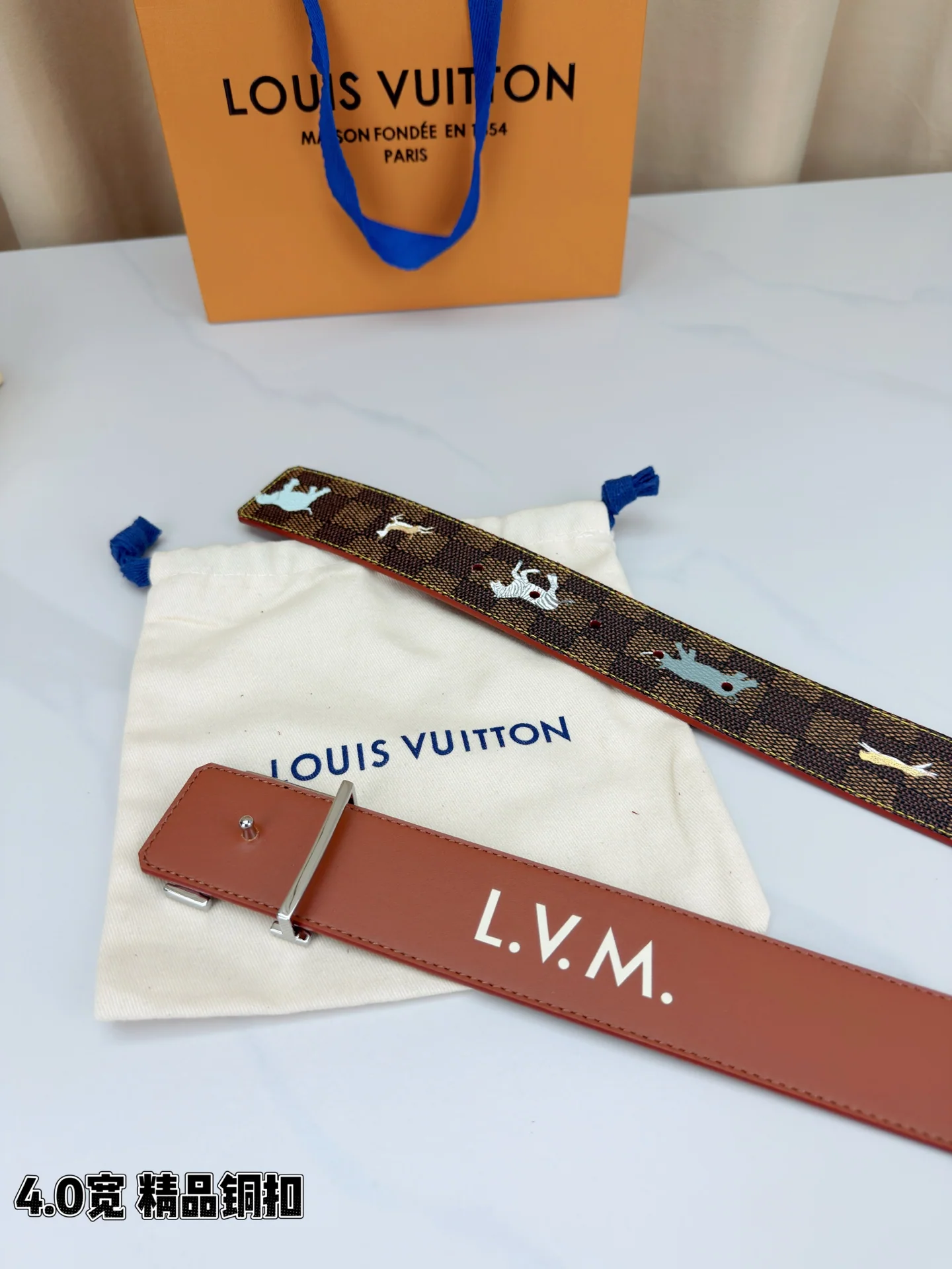 루이비통 골드 LV 버클 체크 캔버스 벨트 상세 이미지 6