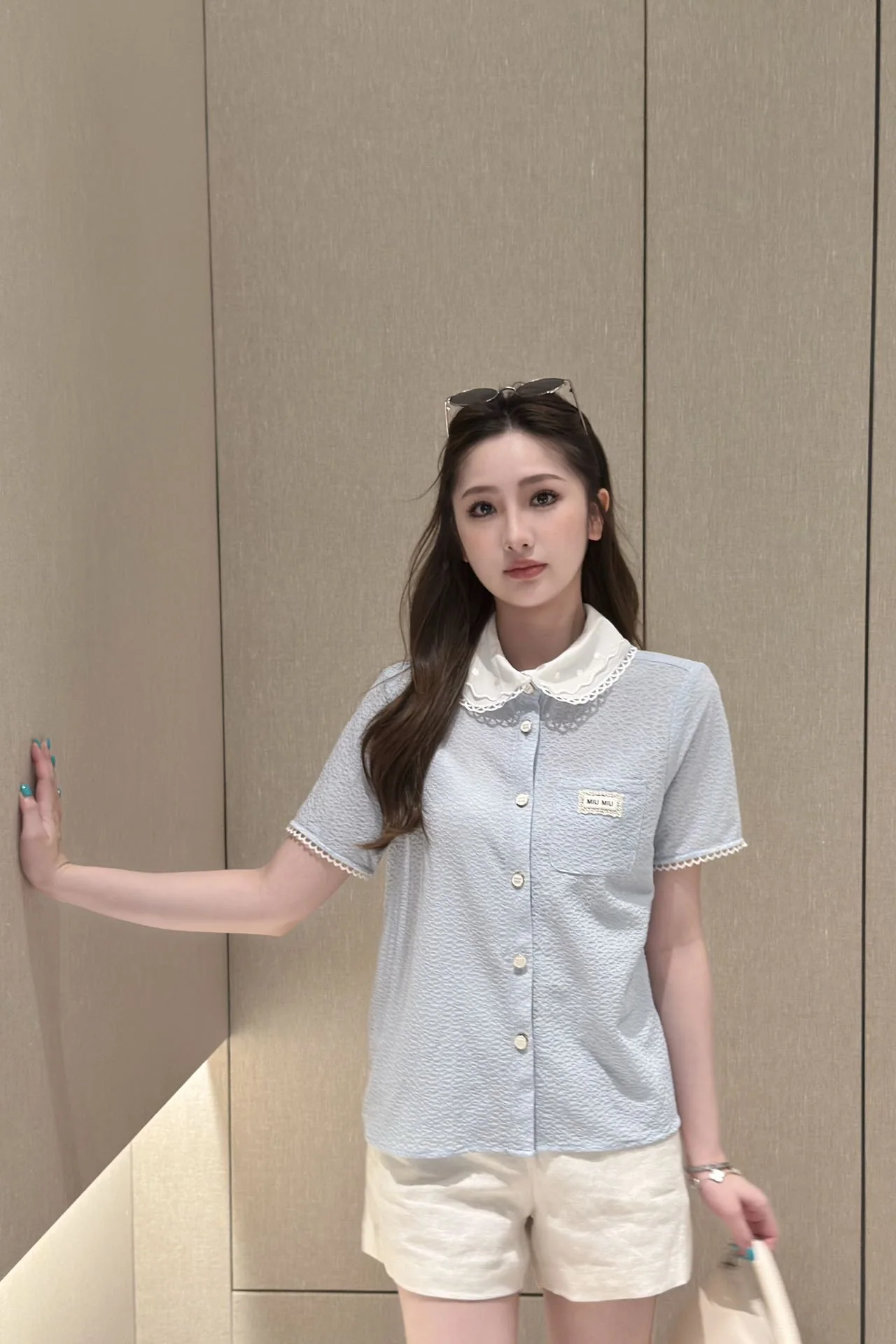 미우미우 레이스 카라 프릴 소매 반팔 셔츠 상세 이미지 2