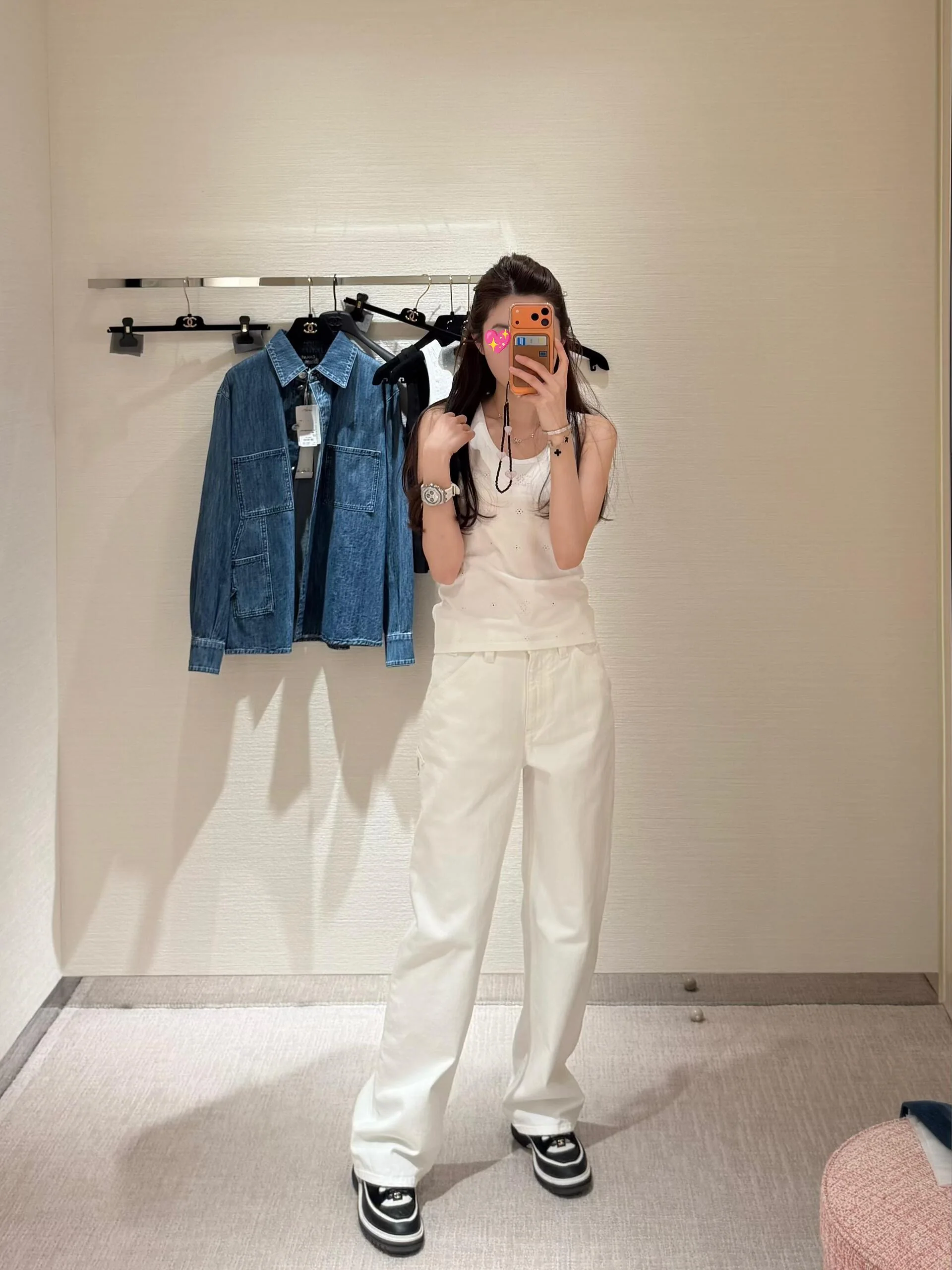 샤넬 더블 C 링 버클 하이웨이스트 와이드 데님 바지 상세 이미지 2