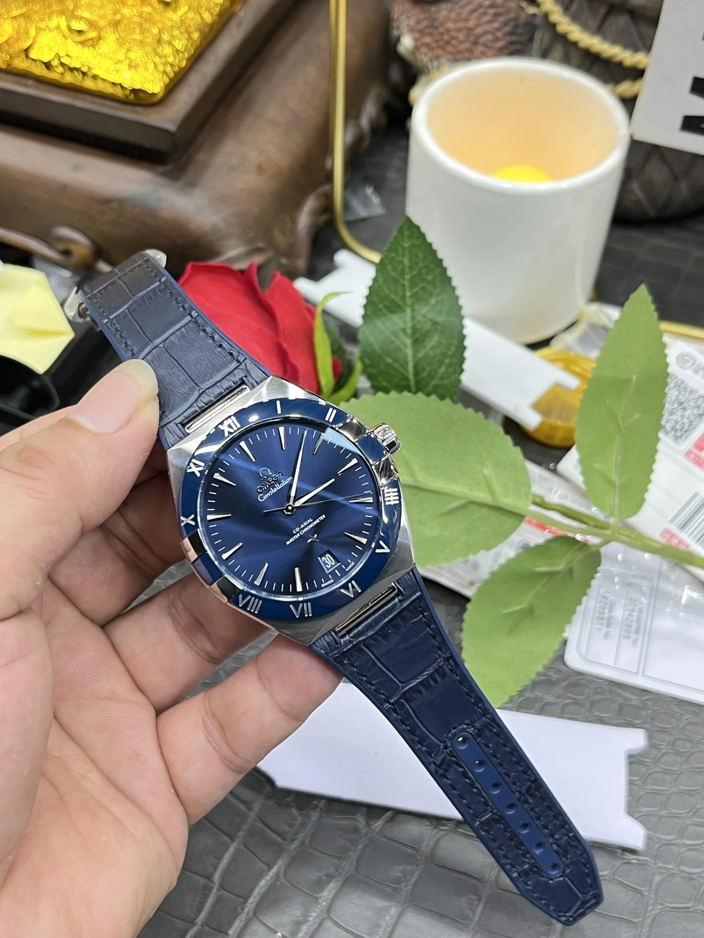 오메가 컨스텔레이션 블루 남성 자동 기계식 러버스트랩 시계 레플리카 44611 Omega 상세 이미지 9