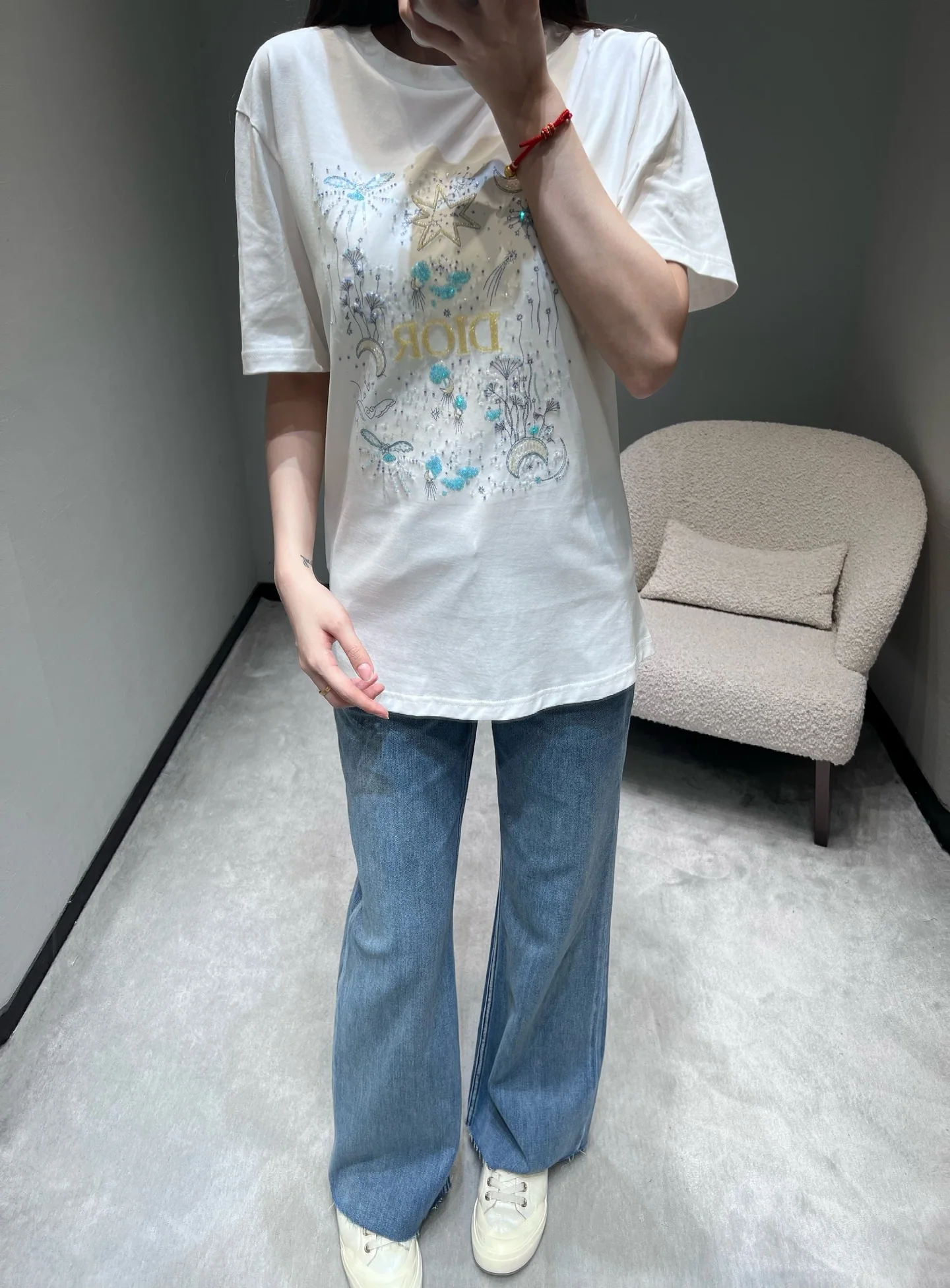 디올 별하늘 자수 여성 반팔 티셔츠 상세 이미지 8