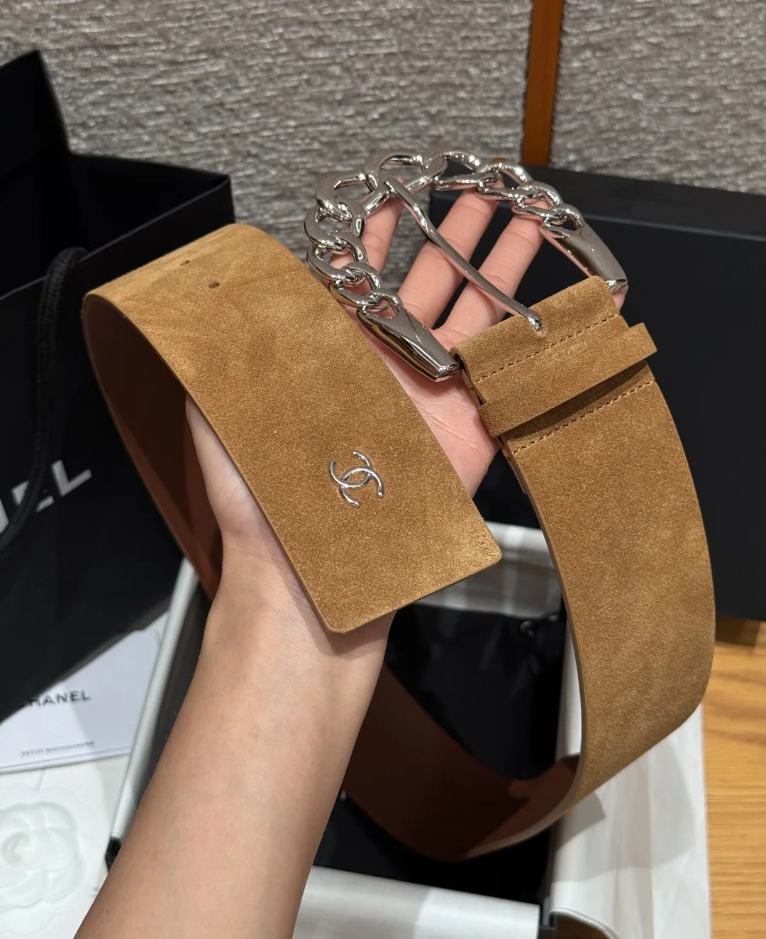샤넬 스웨이드 실버 체인 버클 벨트 상세 이미지 3