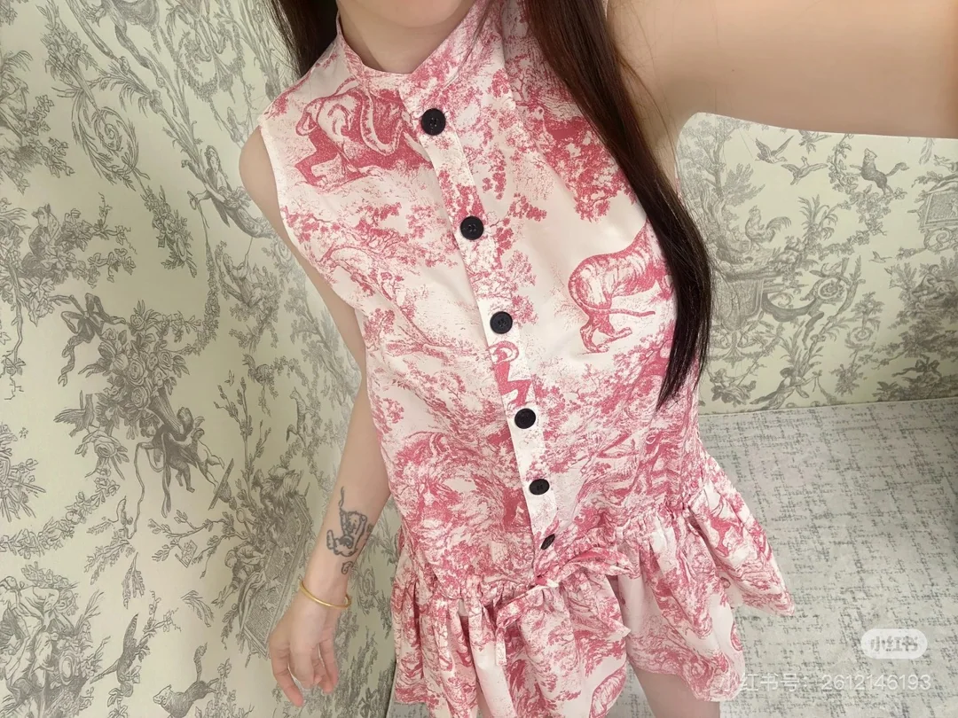 디올 스탠드 카라 프린트 슬리브리스 원피스 상세 이미지 7