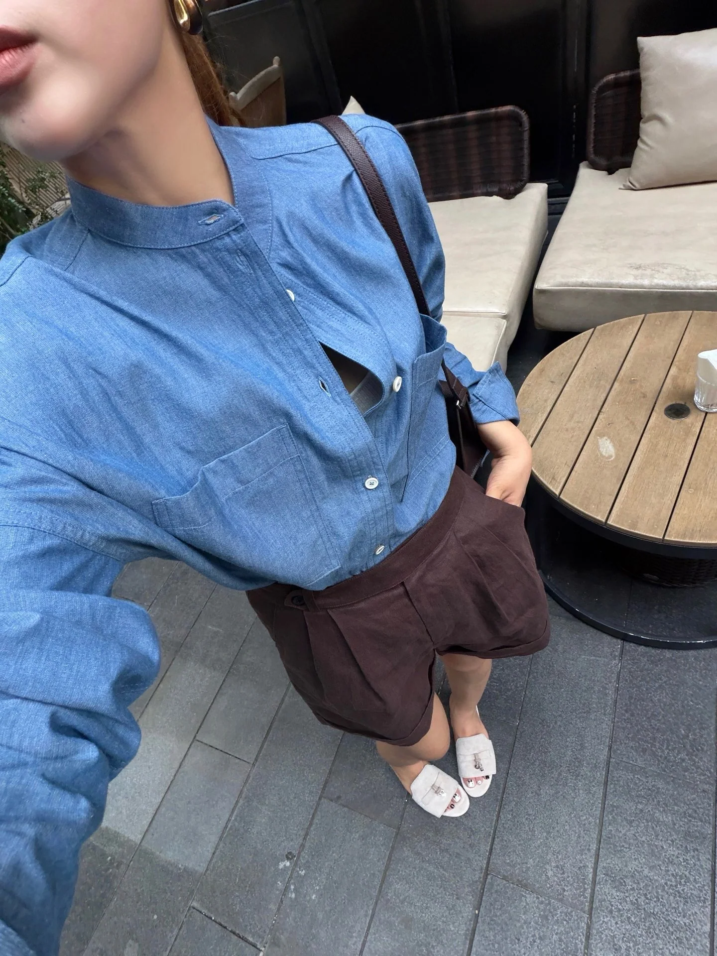 로로피아나 스탠드 카라 데님 여성 셔츠 상세 이미지 8