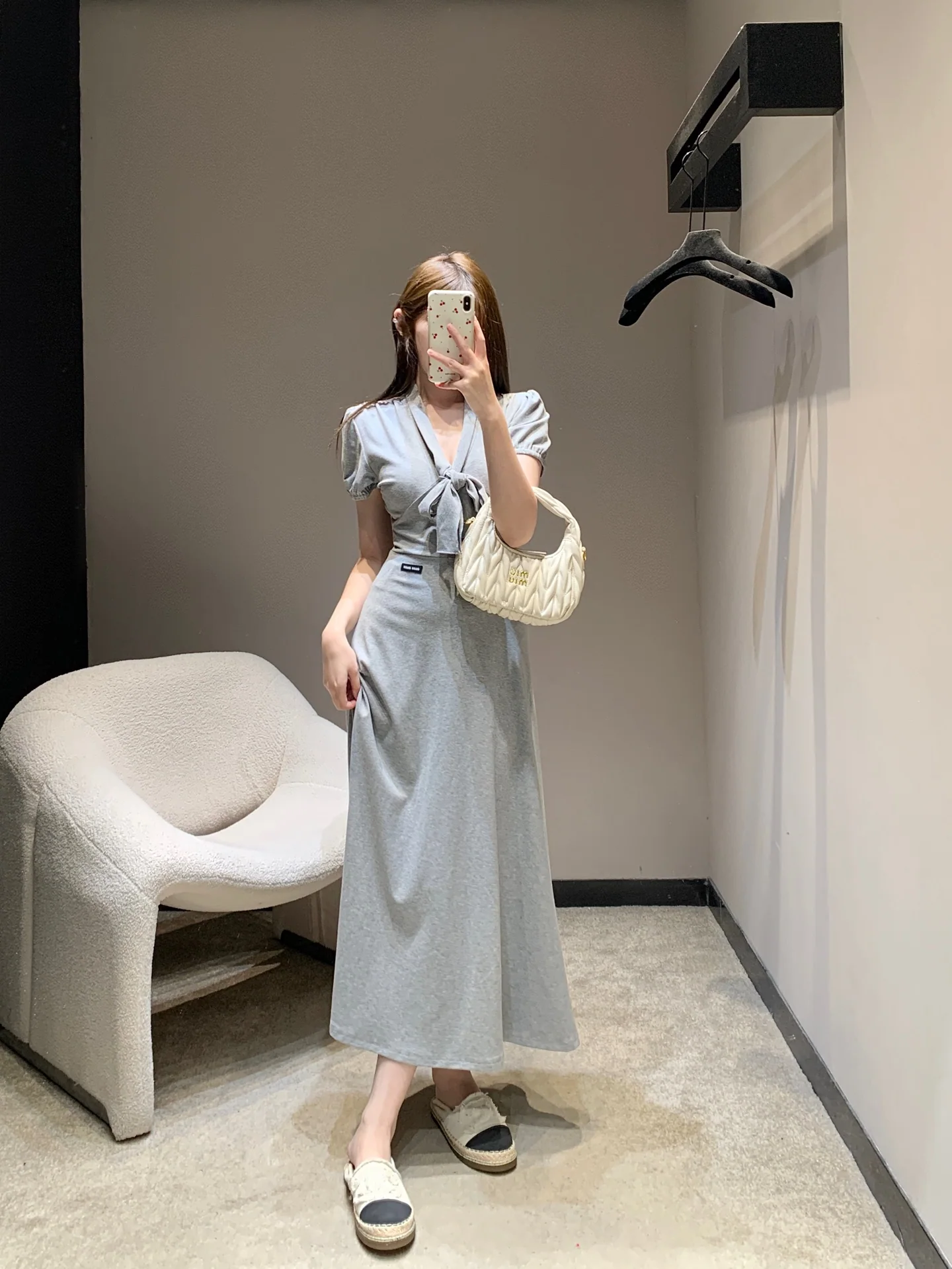미우미우 보우타이 그레이 코튼 원피스 26 SS 상세 이미지 7