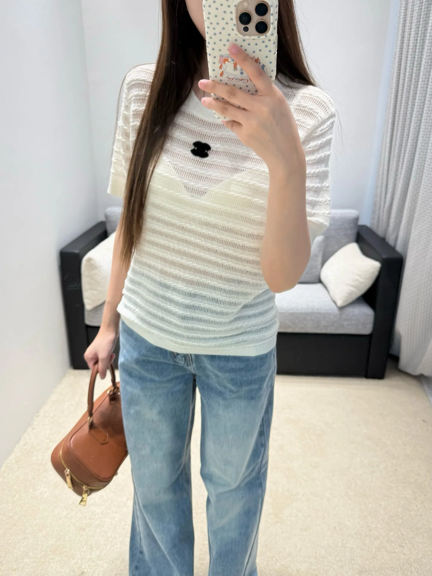 샤넬 시스루 웨이브 케이블 니트 반팔 티셔츠 상세 이미지 2