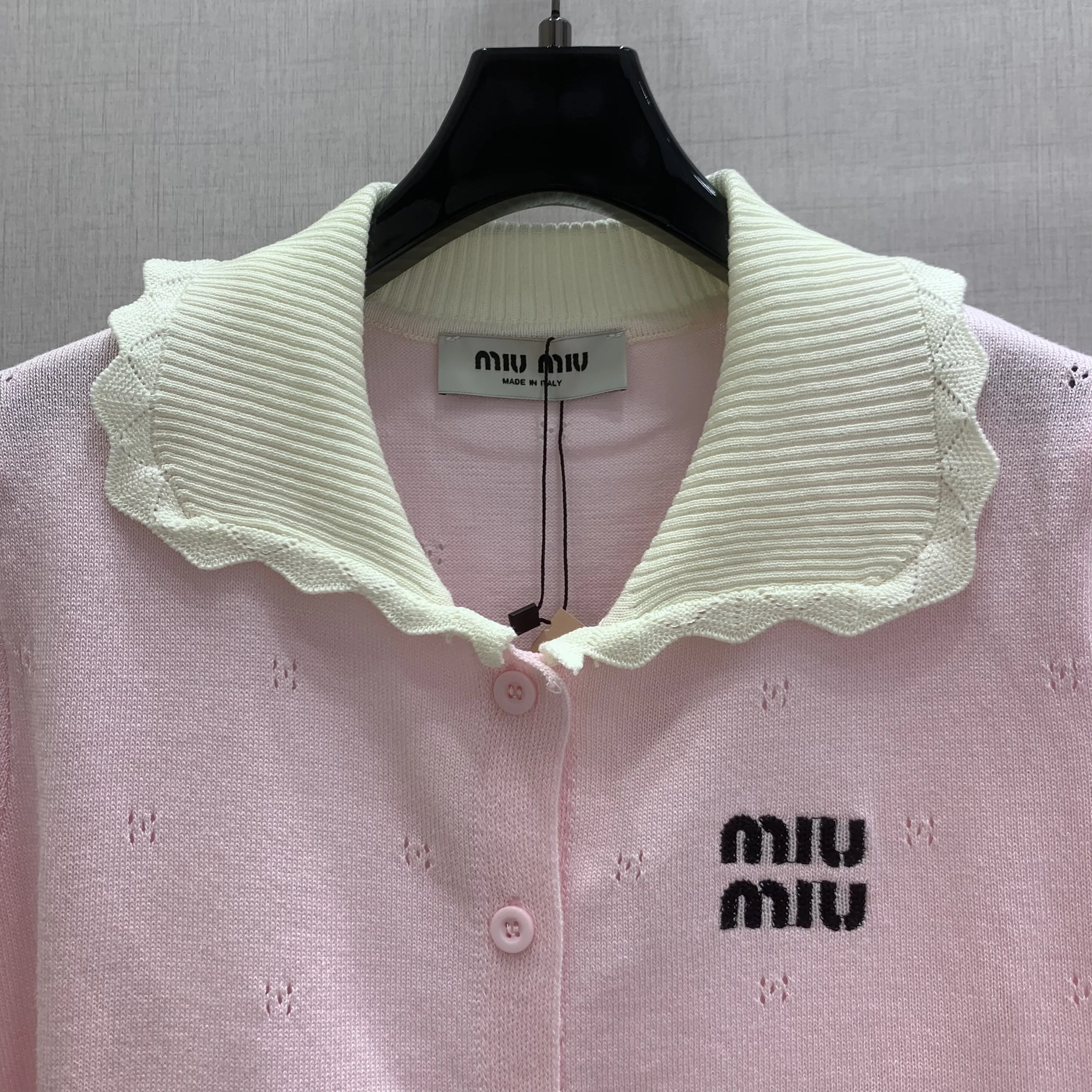 미우미우 프릴 카라 컬러 블록 크롭 반팔 니트 상세 이미지 14