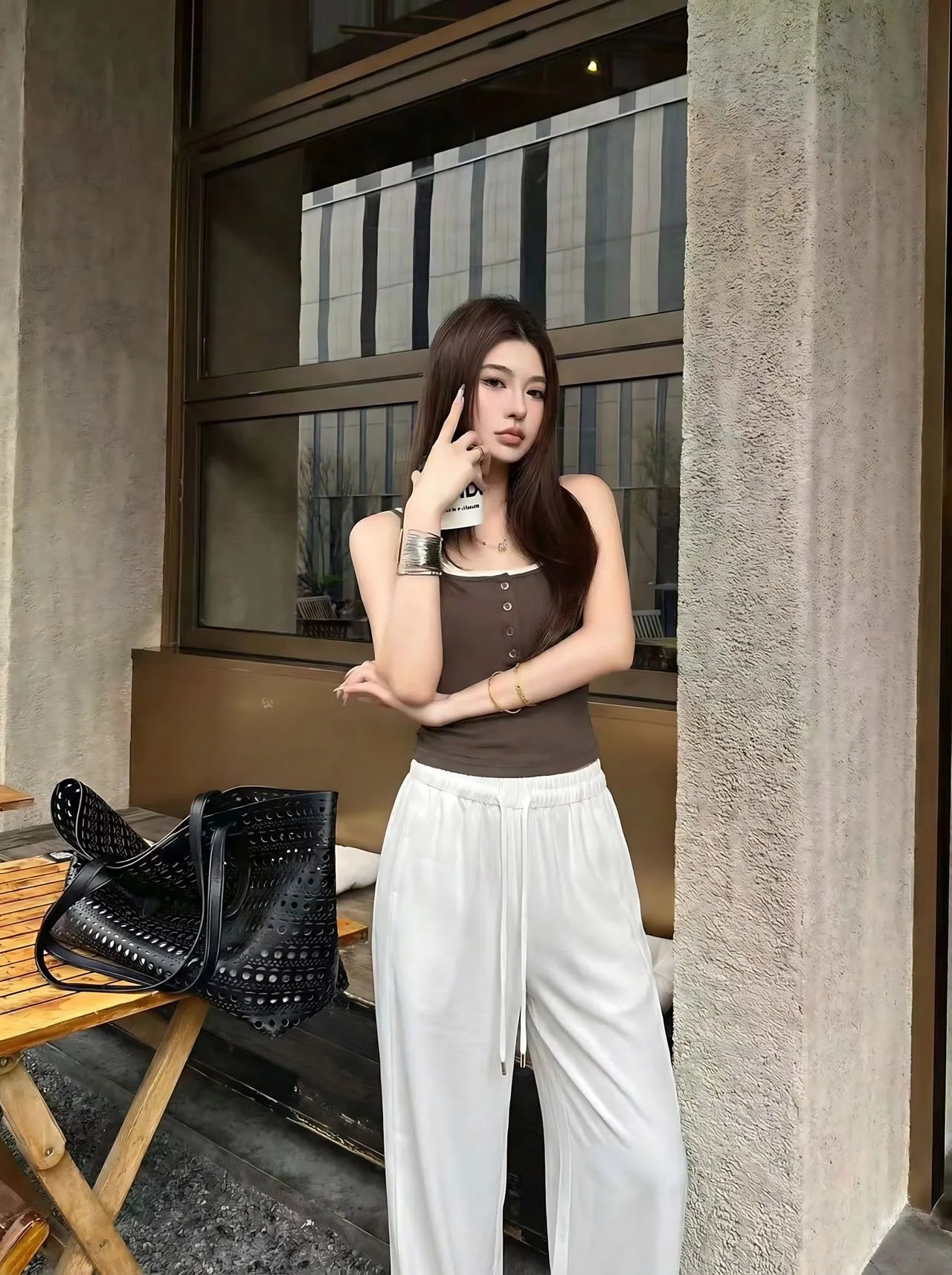 미우미우 드로스트링 하이웨이스트 스트레이트 팬츠 상세 이미지 7