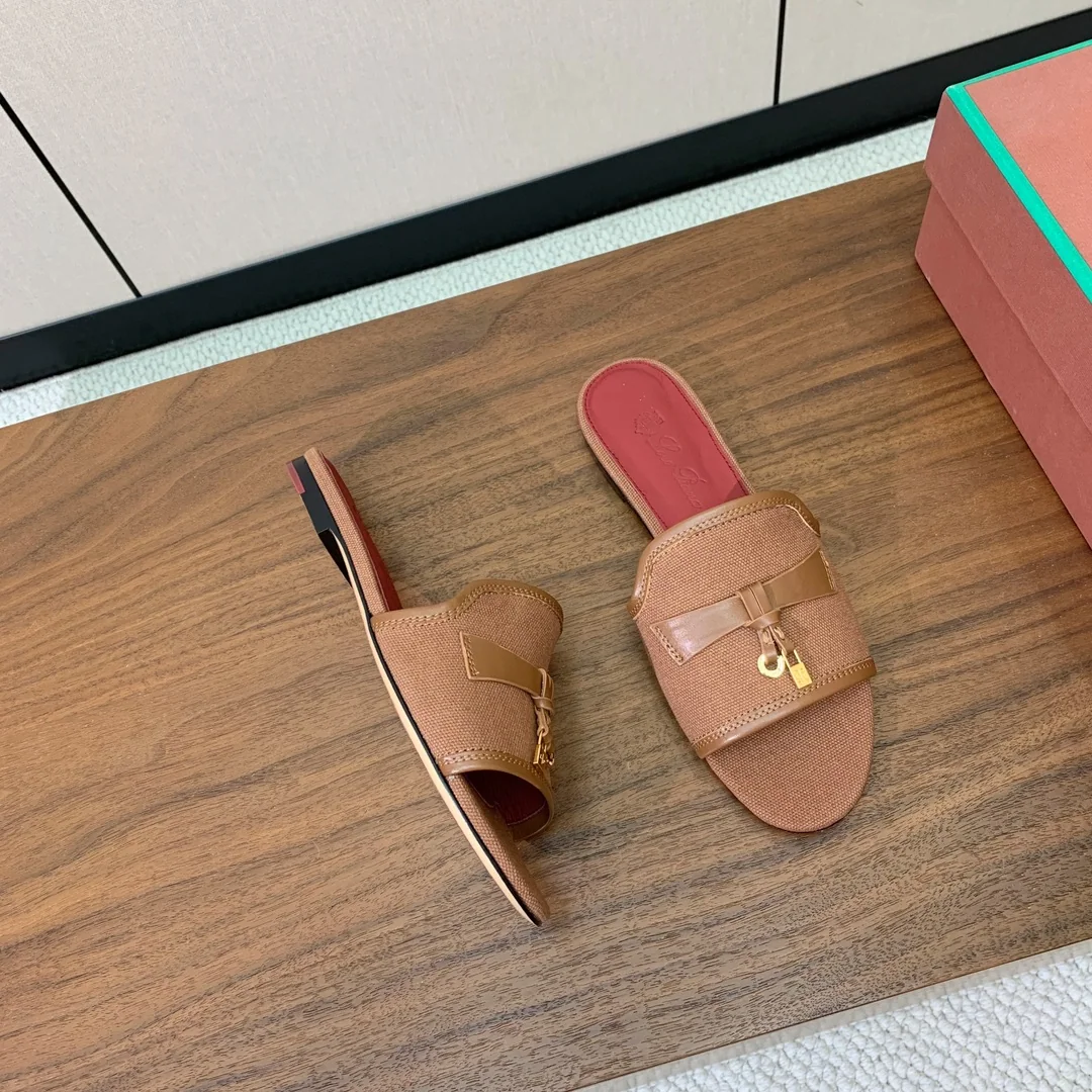 로로피아나 컬러 블록 린넨 가죽 샌들 상세 이미지 2