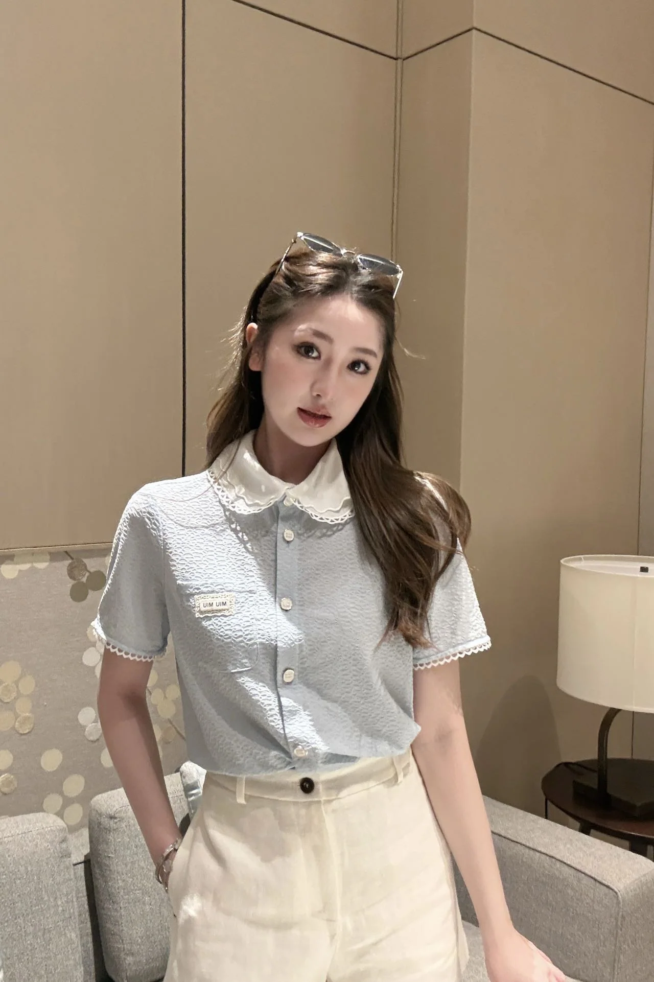미우미우 레이스 카라 프릴 소매 반팔 셔츠 상세 이미지 7