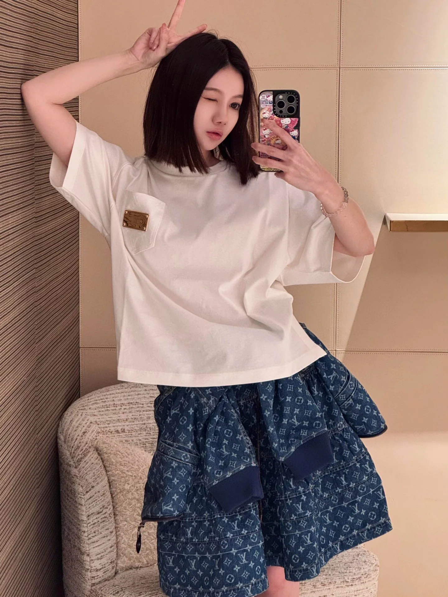 루이비통 데님 패치워크 코튼 반팔 니트 티셔츠 상세 이미지 6