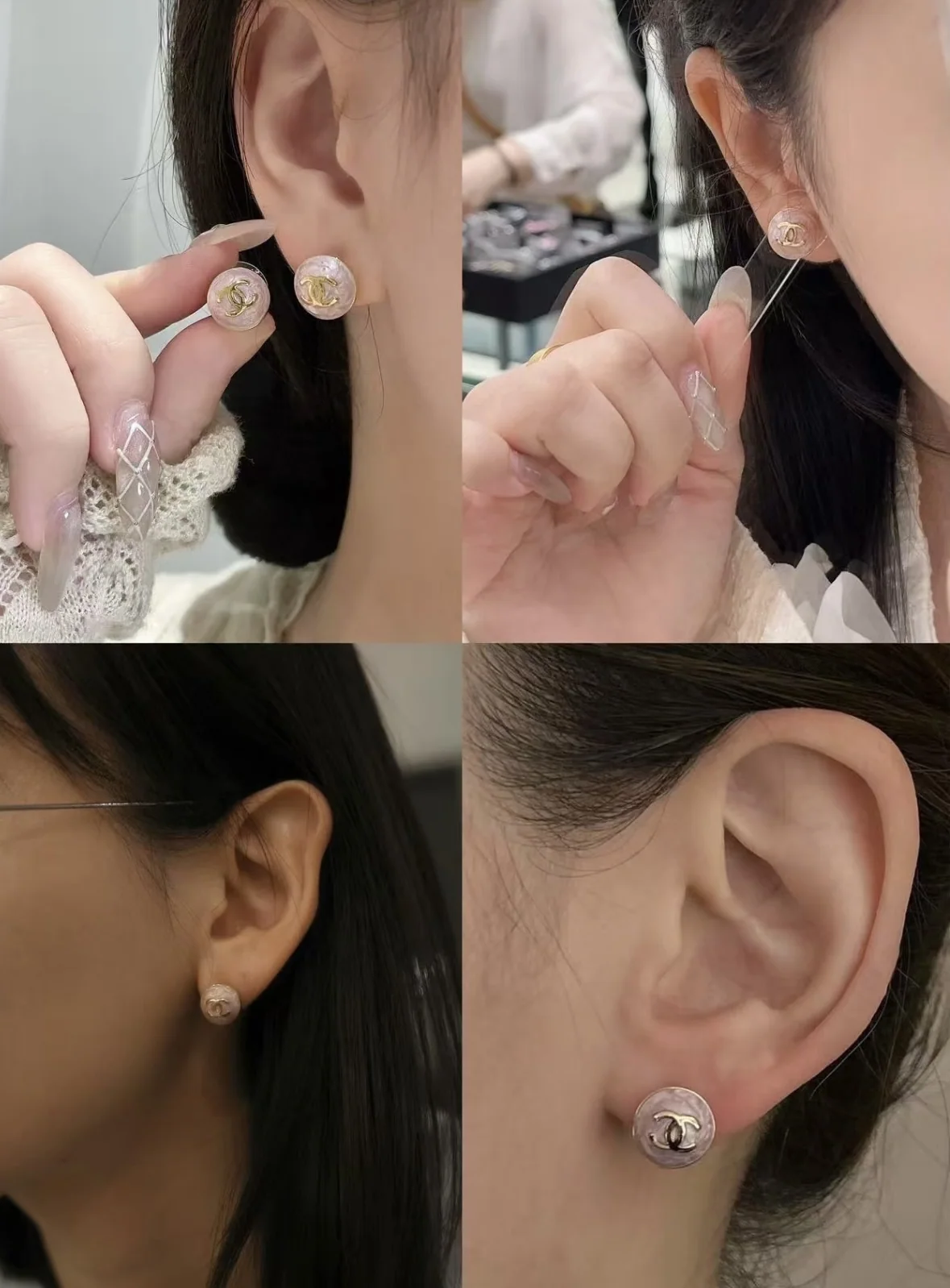샤넬 미니 핑크 라운드 스터드 귀걸이 상세 이미지 2