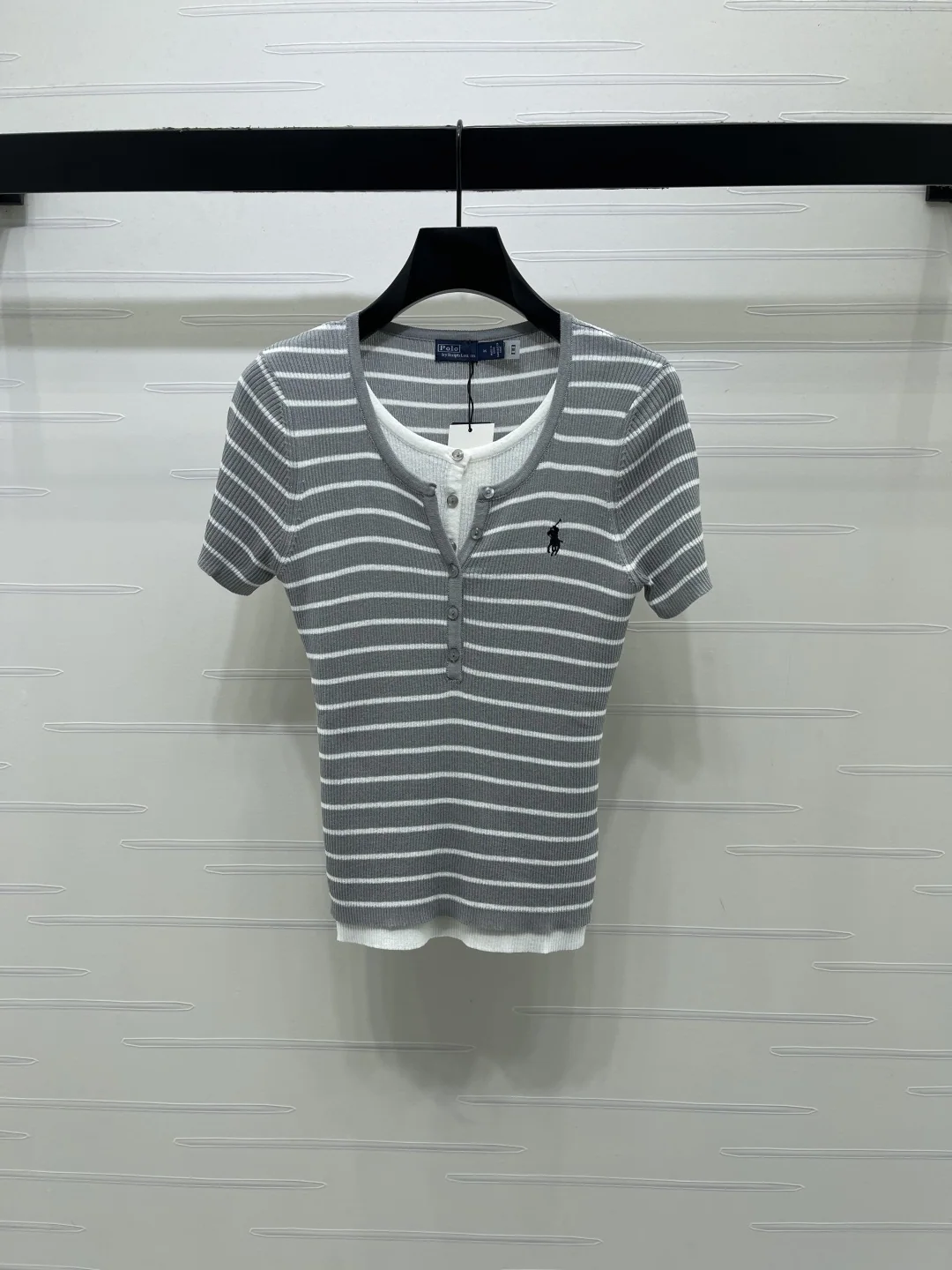 폴로 카라 블록 스트라이프 반팔 니트 탑 상세 이미지 2