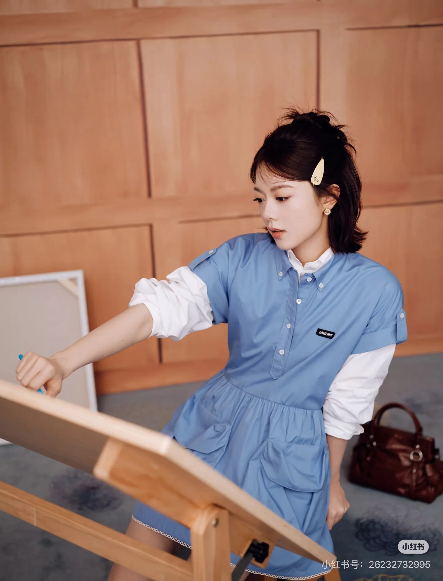 미우미우 컬러 블록 레이어드 셔츠 원피스 상세 이미지 7