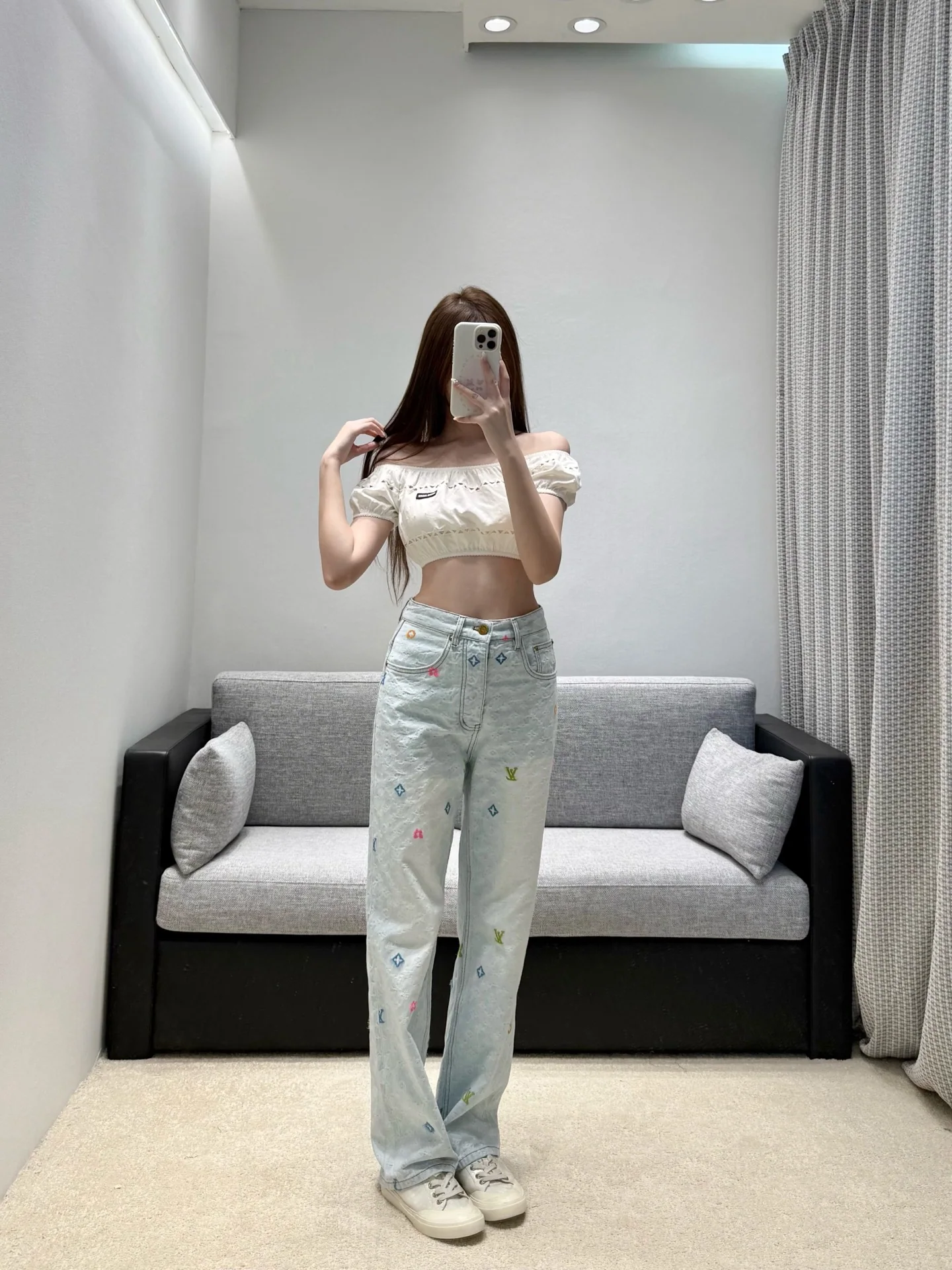 루이비통 라이트 블루 자카드 하이웨스트 플레어 여성 바지 상세 이미지 9