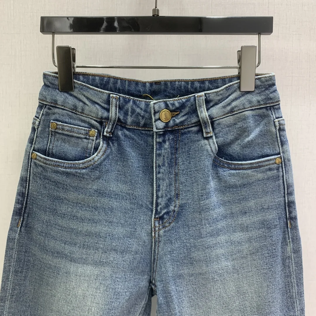 생로랑 로고 자수 백 포켓 크롭 진 바지 상세 이미지 4