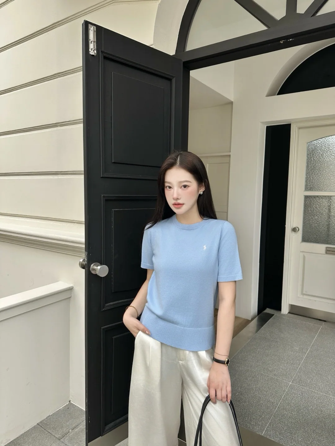 폴로 여성 포니 자수 코튼 반팔 니트 탑 상세 이미지 6