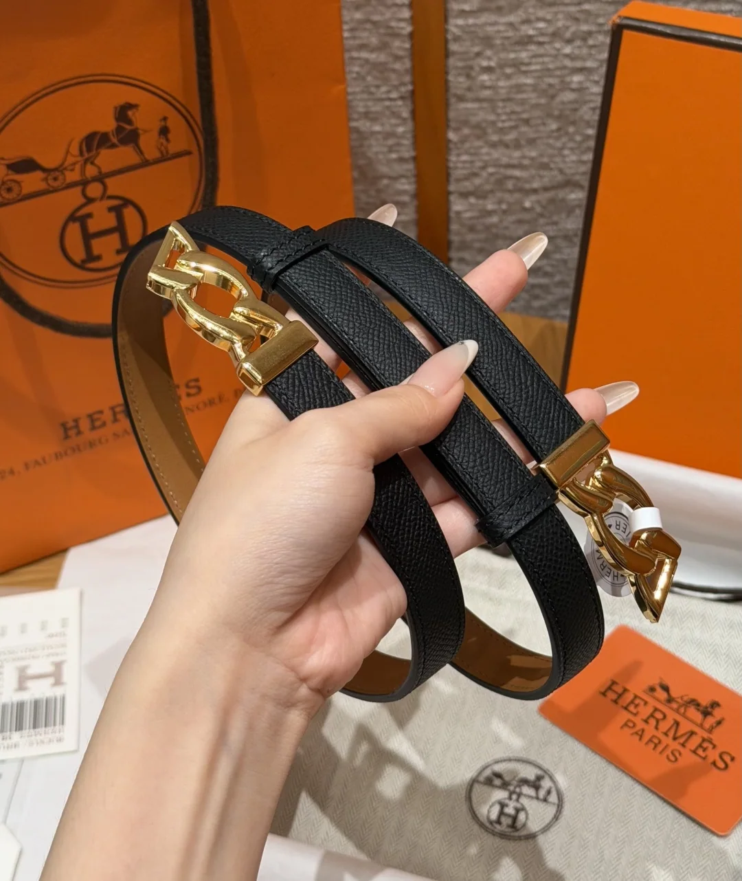에르메스 H체인 메탈 버클 엡솜 가죽 슬림 벨트 176747