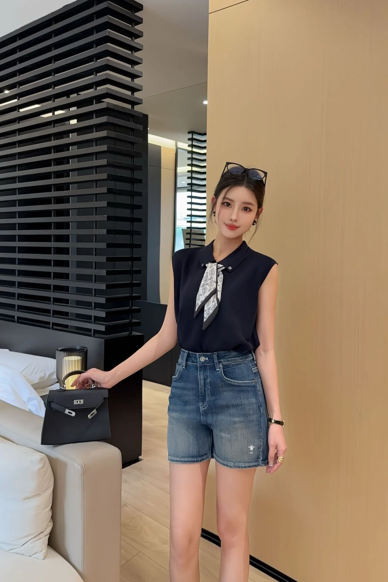 디올 나비 자수 데님 여성 반바지 상세 이미지 1