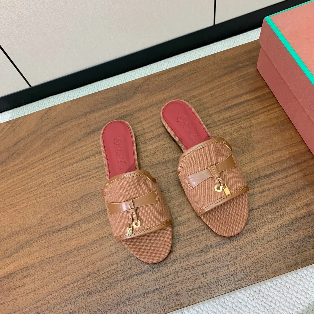 로로피아나 컬러 블록 린넨 가죽 샌들 상세 이미지 5