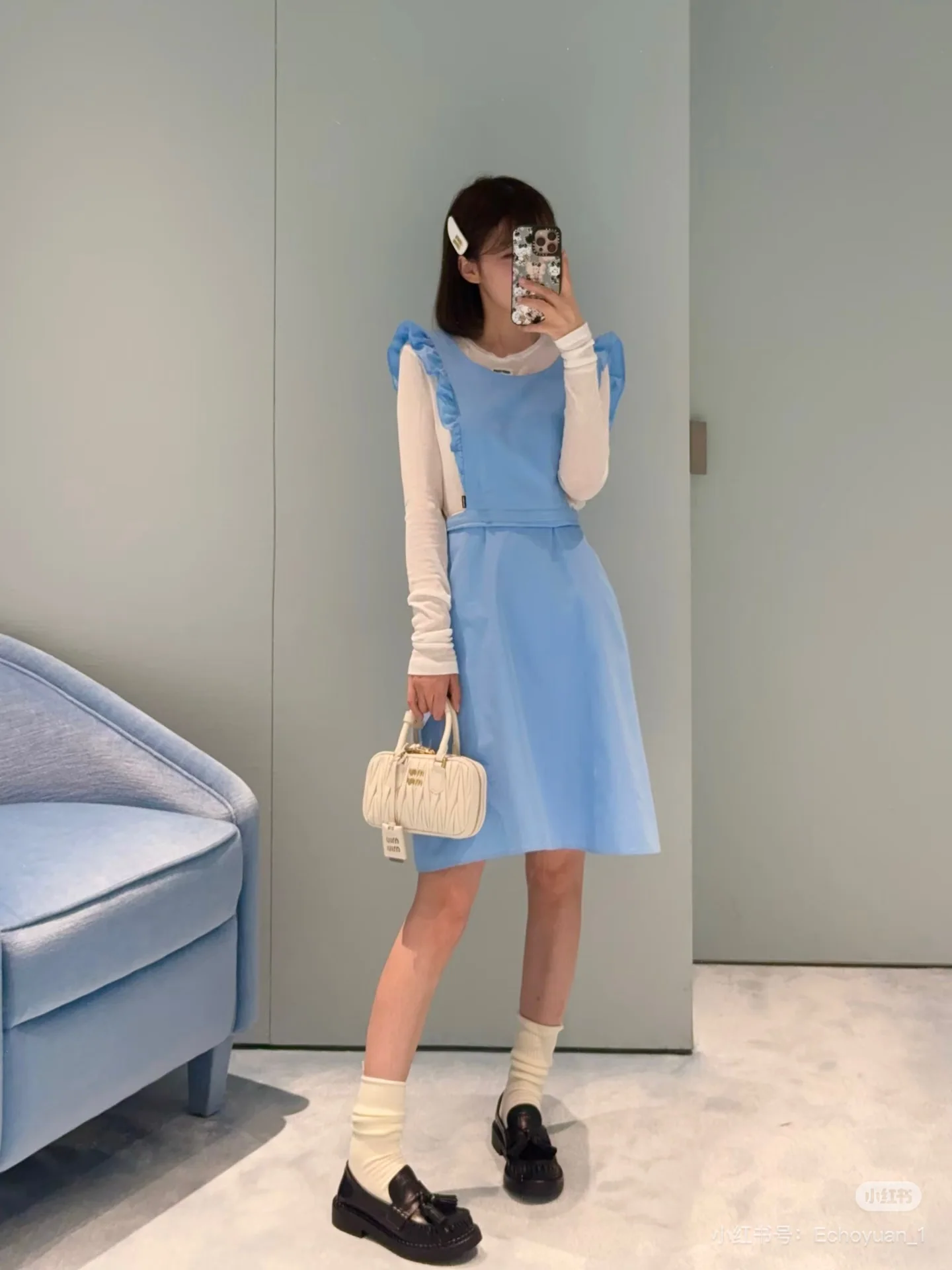 미우미우 프릴 민소매 A라인 원피스 상세 이미지 3