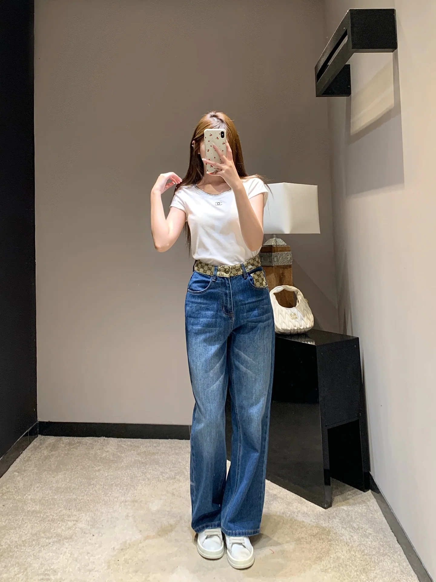 구찌 GG 모노그램 컬러블록 하이웨이스트 와이드 데님 바지 상세 이미지 5