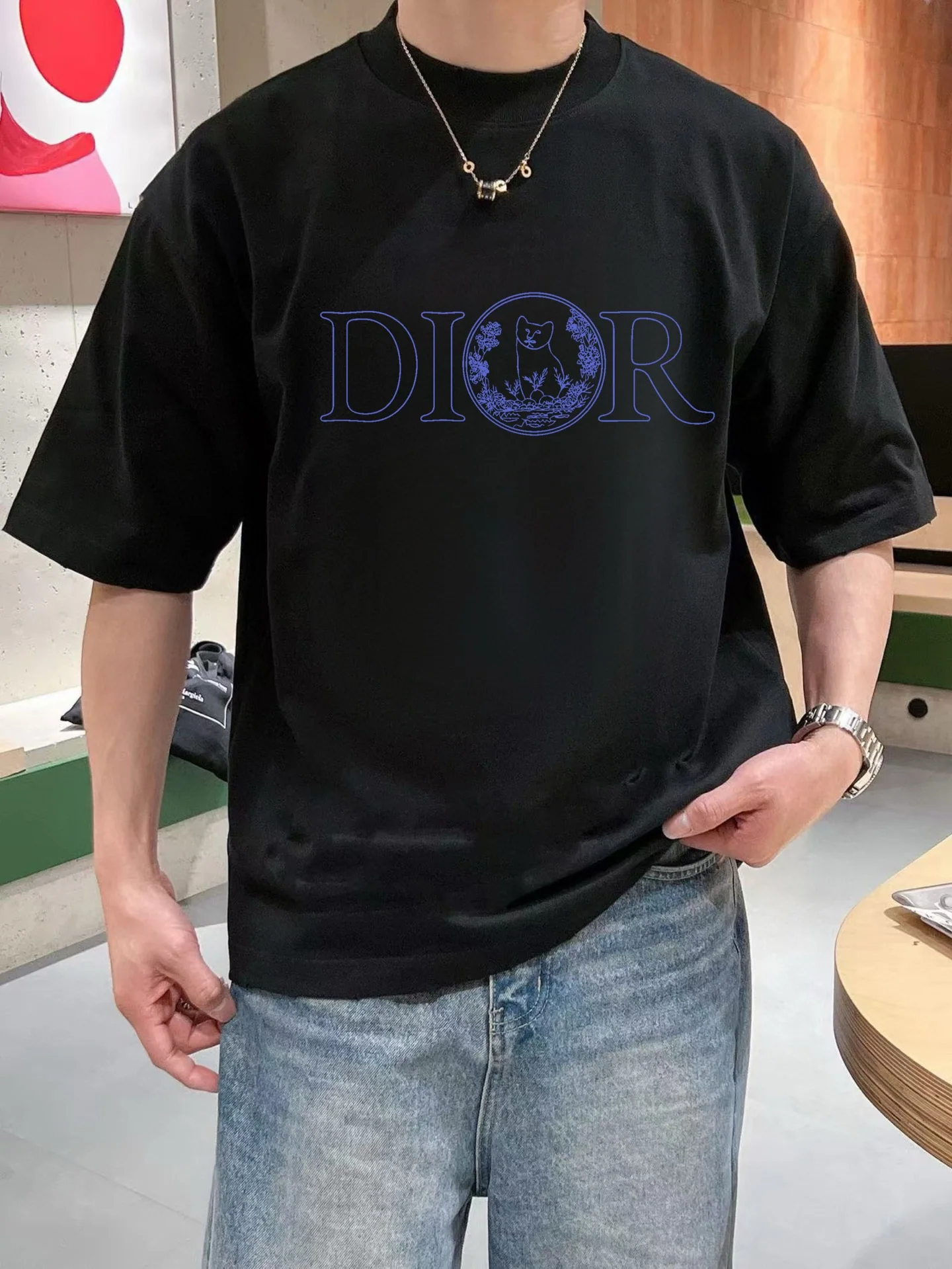디올 고양이 무늬 여성 반팔 티셔츠 상세 이미지 2