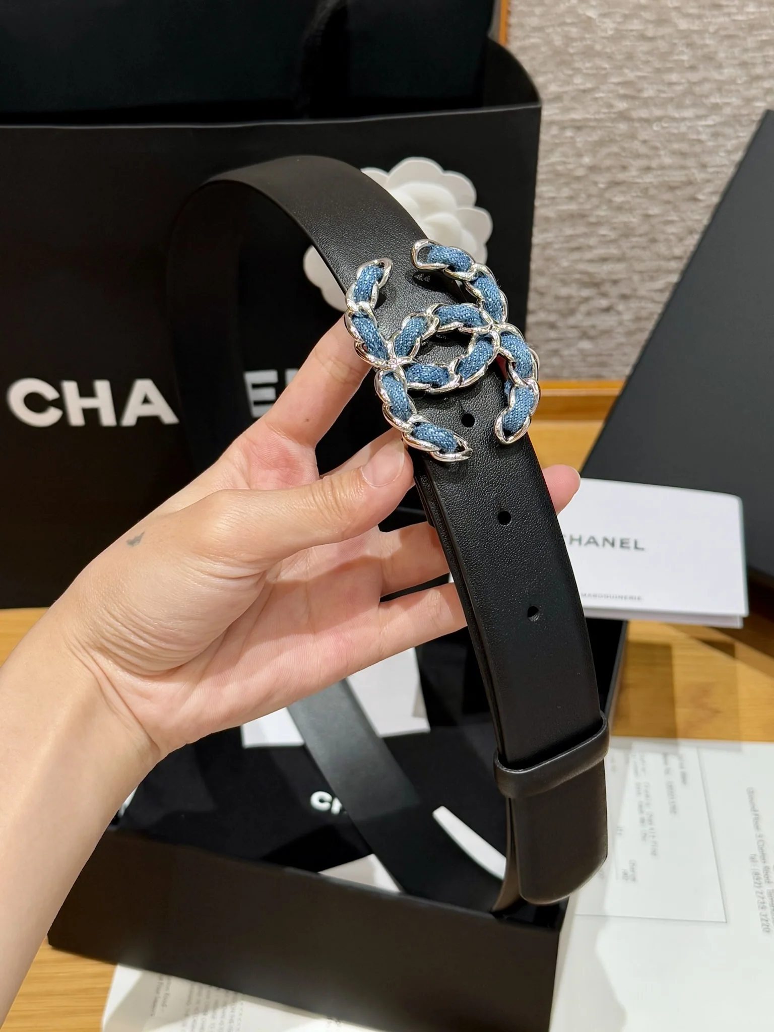 샤넬 더블 C 버클 카프스킨 블루 데님 벨트 상세 이미지 4