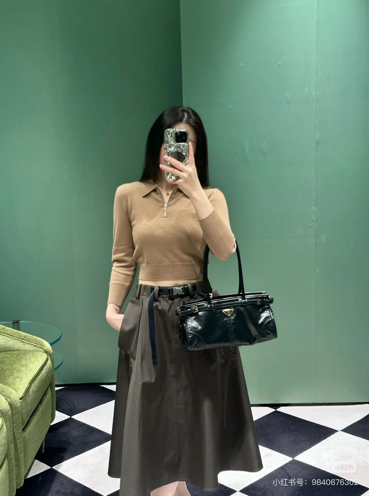 프라다 브라운 벨트 나일론 포켓 스커트 26 SS 상세 이미지 4