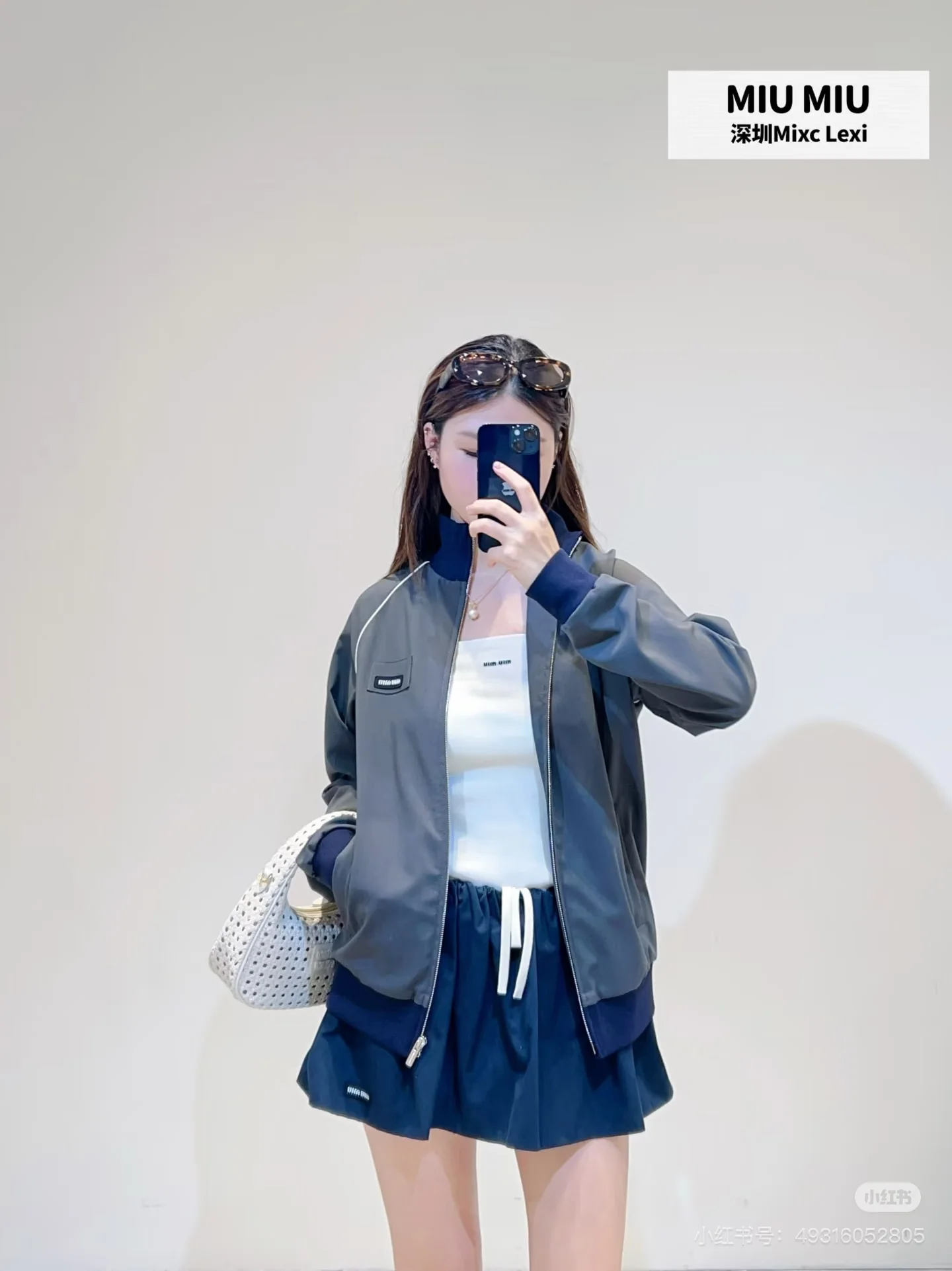 미우미우 그레이 네이비 컬러블록 베이스볼 여성 자켓 151761