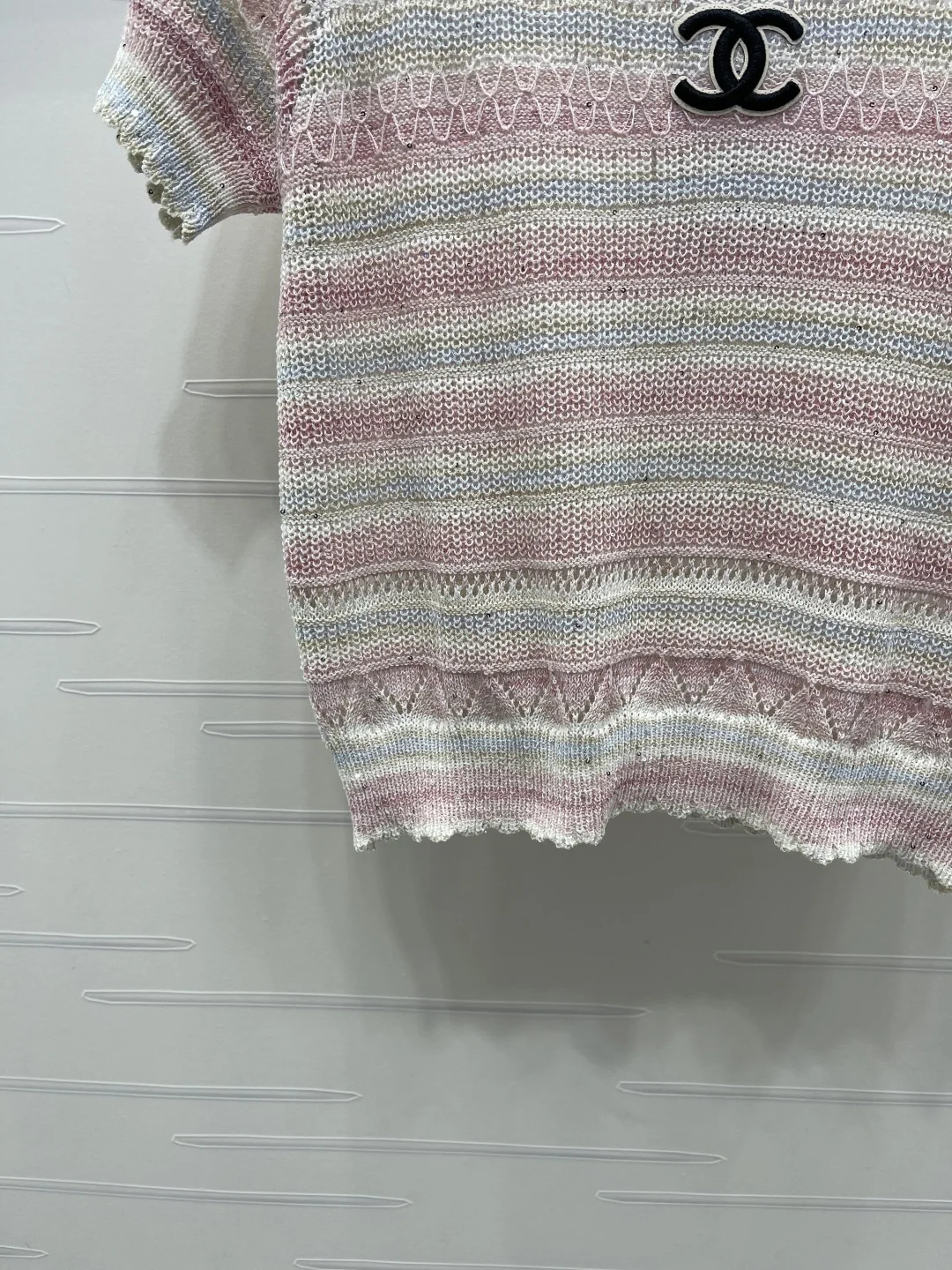 샤넬 시스루 스트라이프 니트 라운드넥 반팔 탑 상세 이미지 5