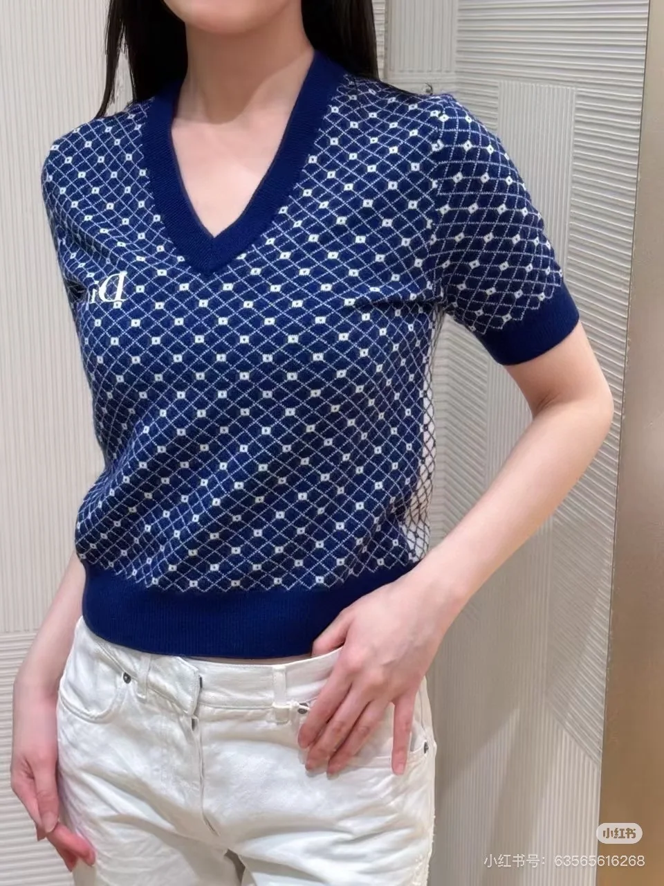 디올 V넥 기하학 무늬 여성 반팔 니트 셔츠 상세 이미지 1