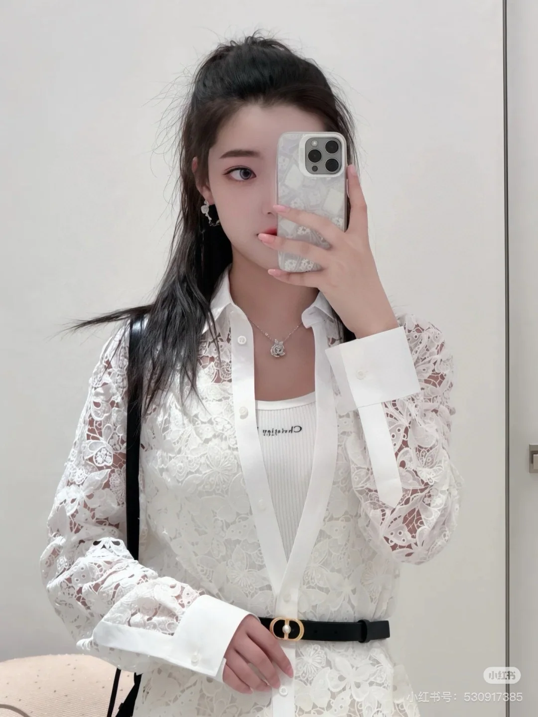 디올 수용성 레이스 시스루 여성 셔츠 상세 이미지 6