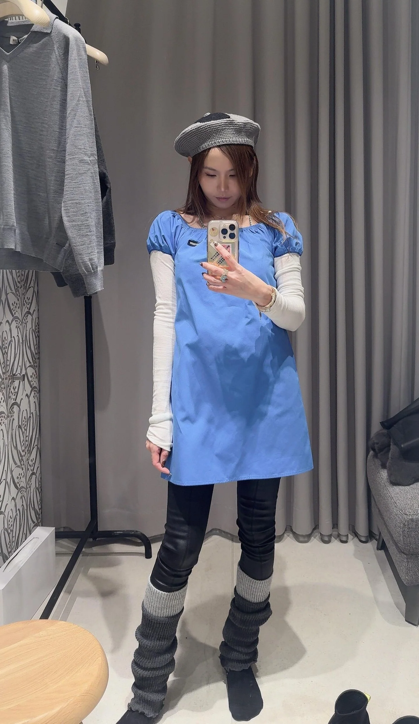 미우미우 스카이 블루 퍼프소매 A라인 원피스 26 SS 상세 이미지 9
