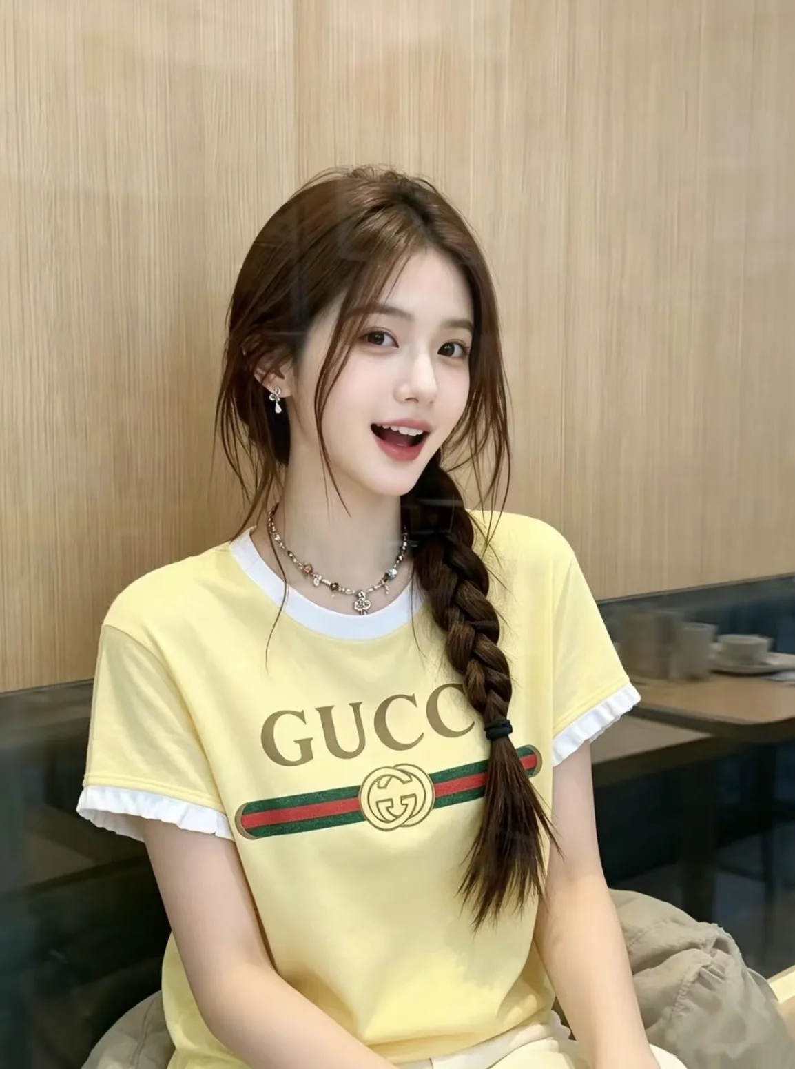 구찌 프린트 프릴 크루넥 반팔 티셔츠 상세 이미지 5