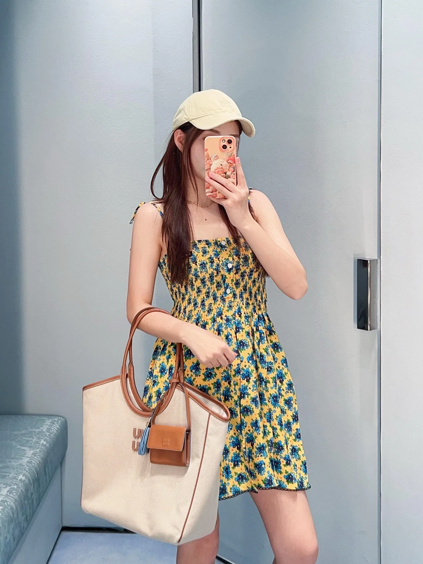 미우미우 해바라기 옐로우 플라워 프린트 여성 원피스 26 SS 상세 이미지 1