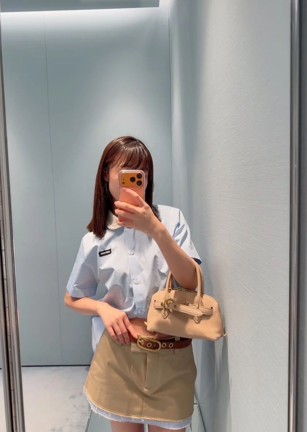 미우미우 자수 레이스 코튼 블루 셔츠 2632 상세 이미지 8