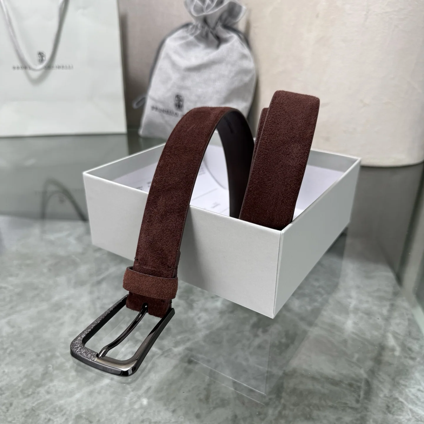 브루넬로쿠치넬리 와이드 소가죽 스웨이드 남성용 벨트 상세 이미지 2