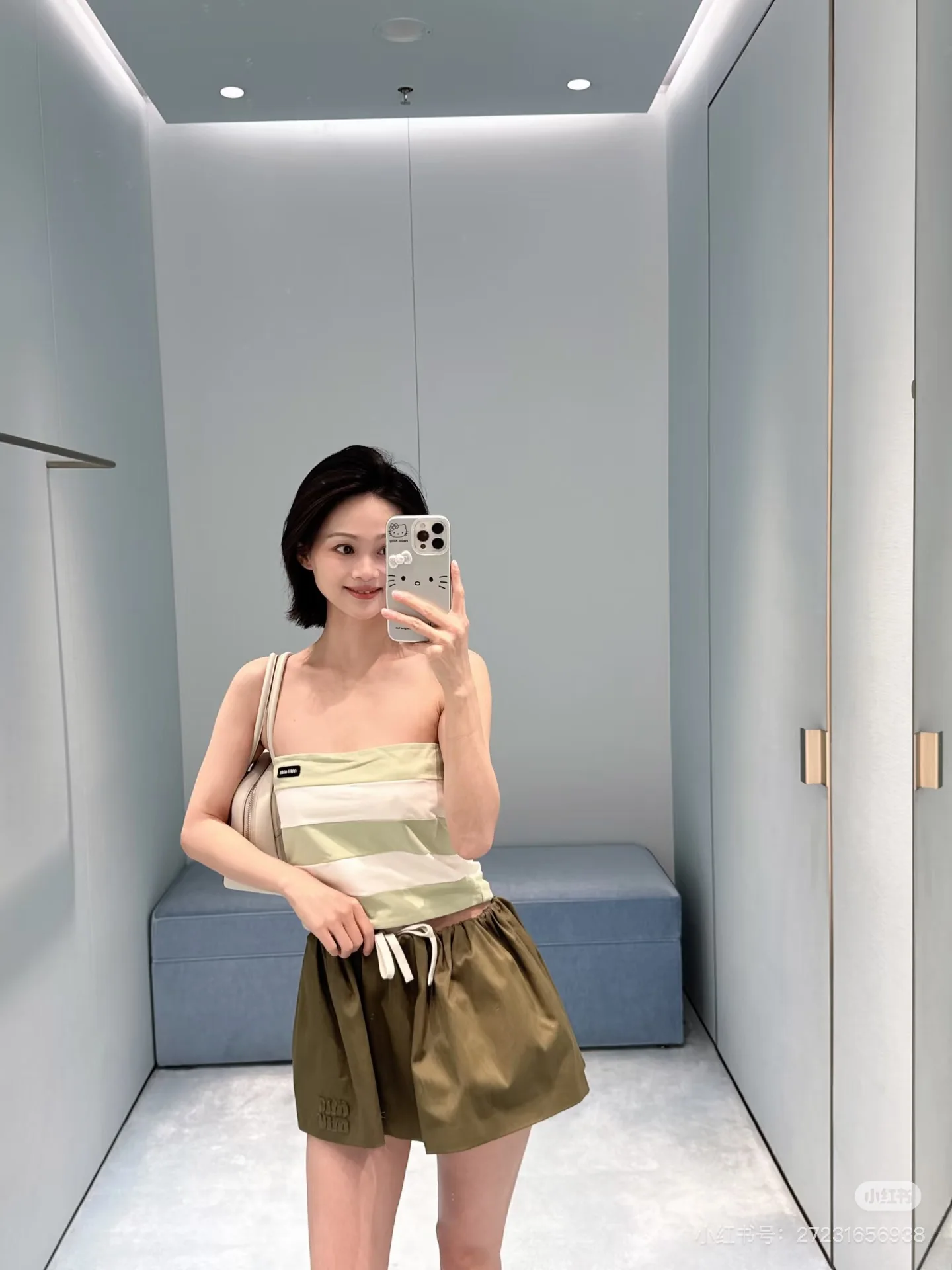 미우미우 코튼 스트라이프 스트랩리스 반팔 탑 상세 이미지 7