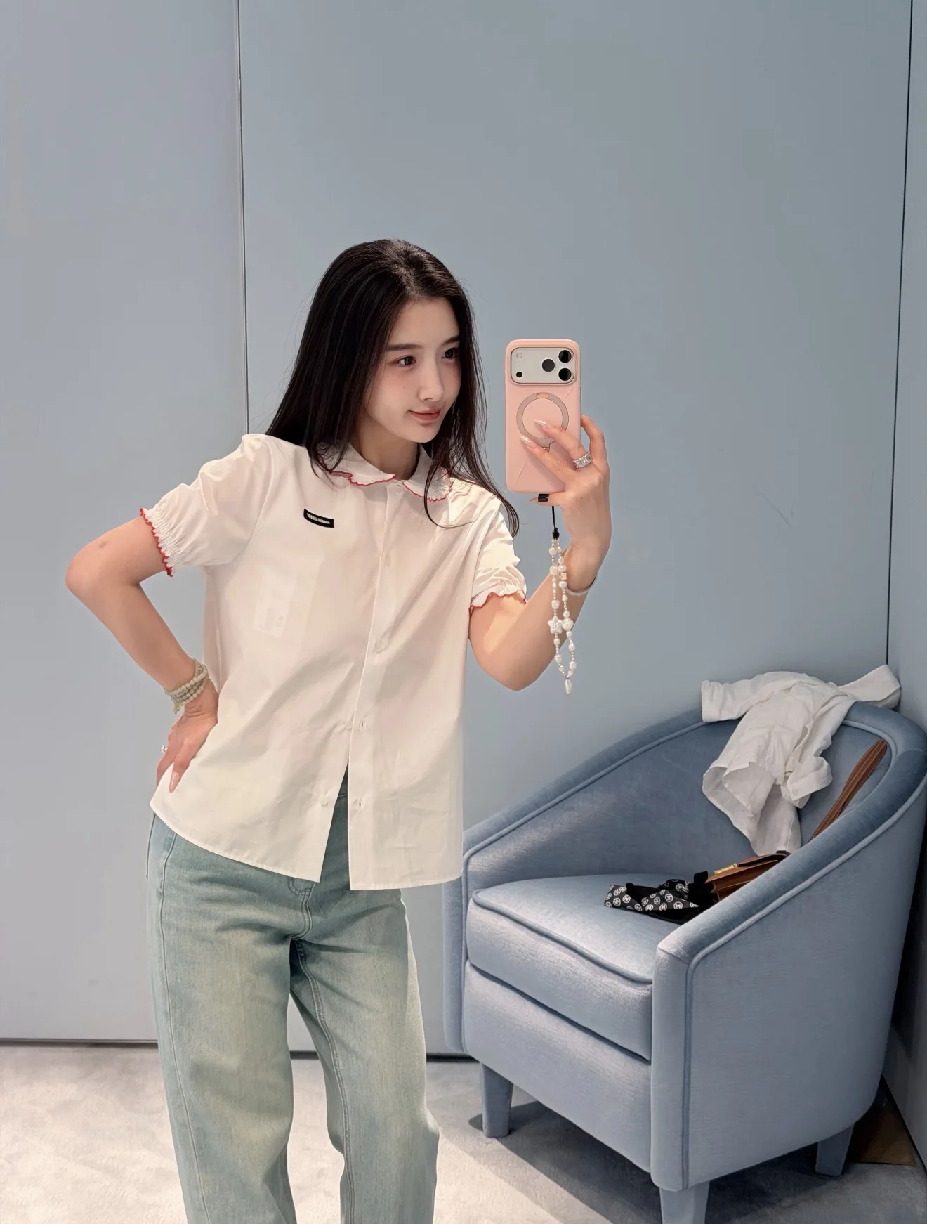 미우미우 레이스 피터팬 카라 코튼 반소매 셔츠 상세 이미지 1
