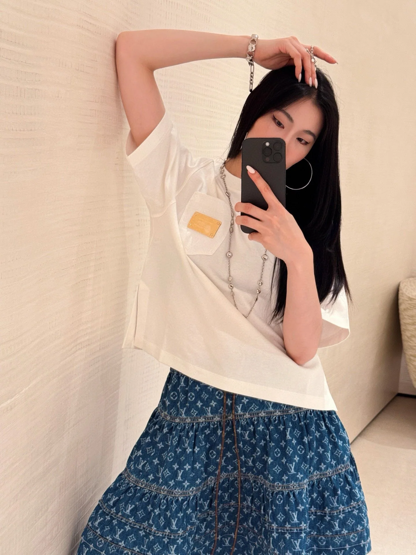루이비통 데님 패치워크 코튼 반팔 니트 티셔츠 상세 이미지 5